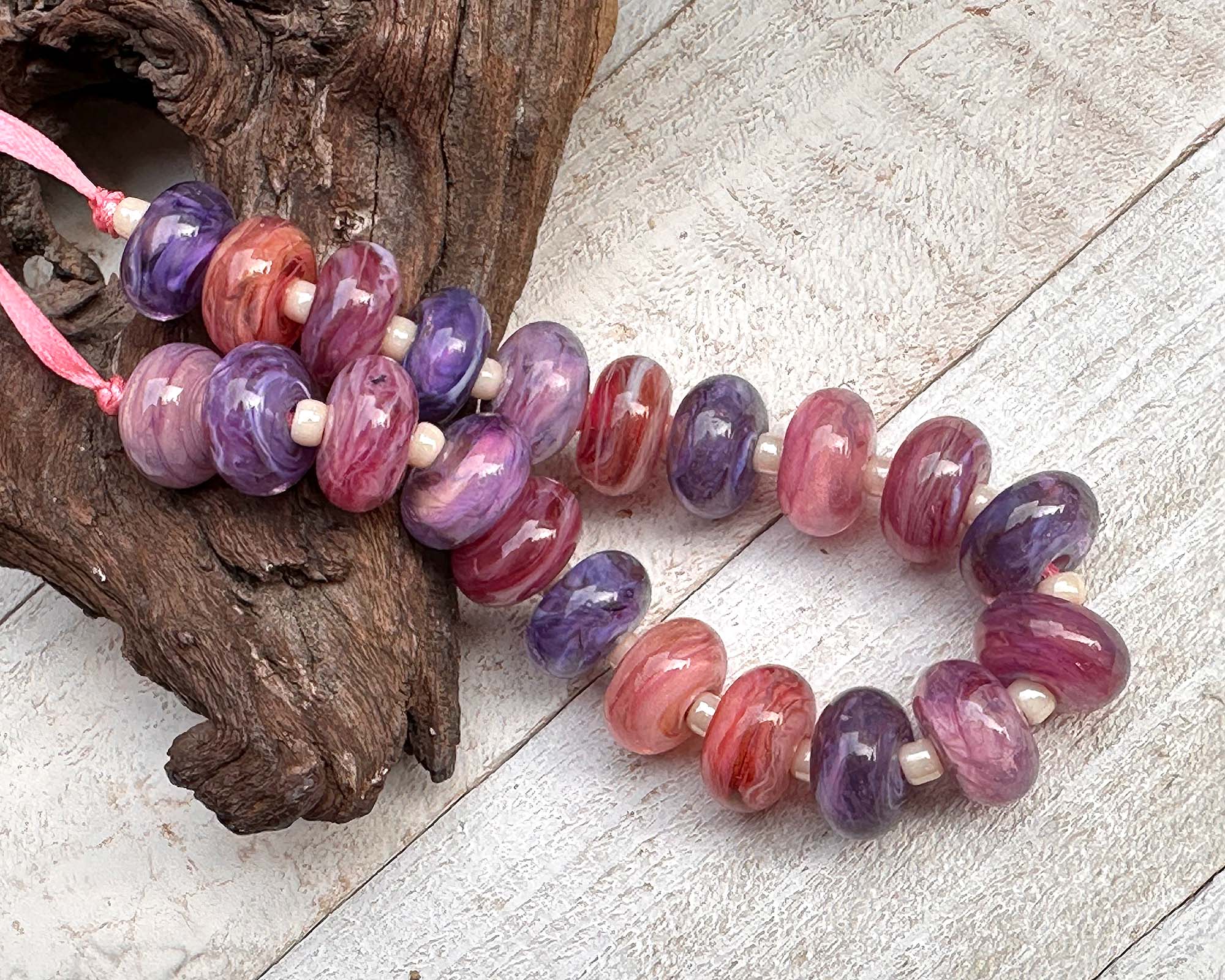 21 Pink & Purple Swirls Lampwork Glass Beads Set for Jewelry Making - DIY Bracelet, Necklace & Craft Projects - SRA Certified