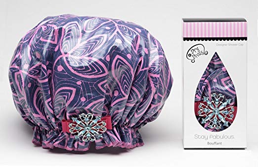 Stylish Washable & Reusable Shower Cap for Women - Vintage Jeweled Brooch Design, Large Bouffant Hair Cover (Ivy League) | Perfect for Bathing, Spa, Hair Care & Travel Accessories