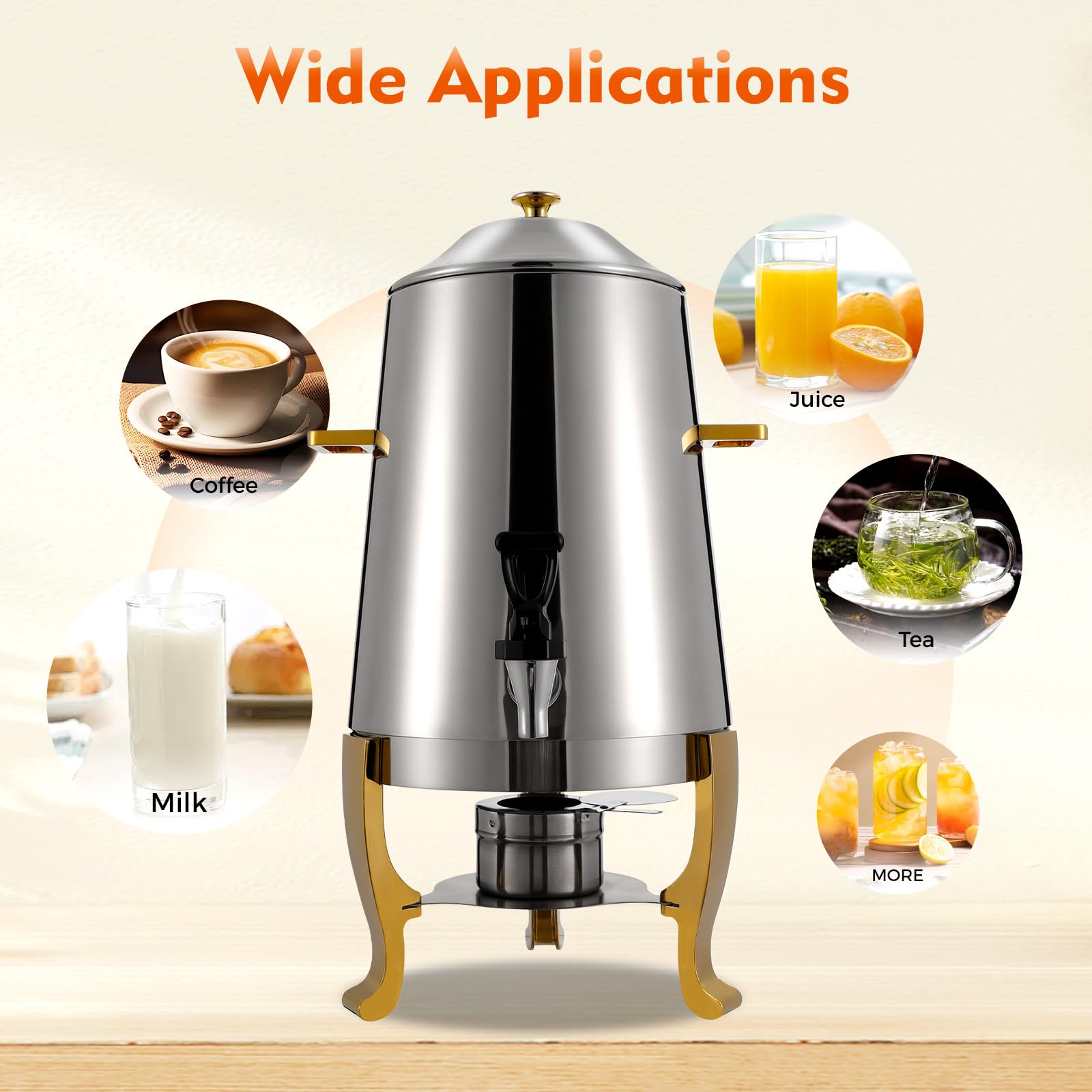 13L Stainless Steel Coffee Urn with Fuel Holder - Continuous Heating Beverage Dispenser for Hot & Cold Drinks - Perfect for Parties, Buffets, Catering (Gold Alcohol) - Ideal for Coffee, Tea, Hot Chocolate and Punch Serving at Events
