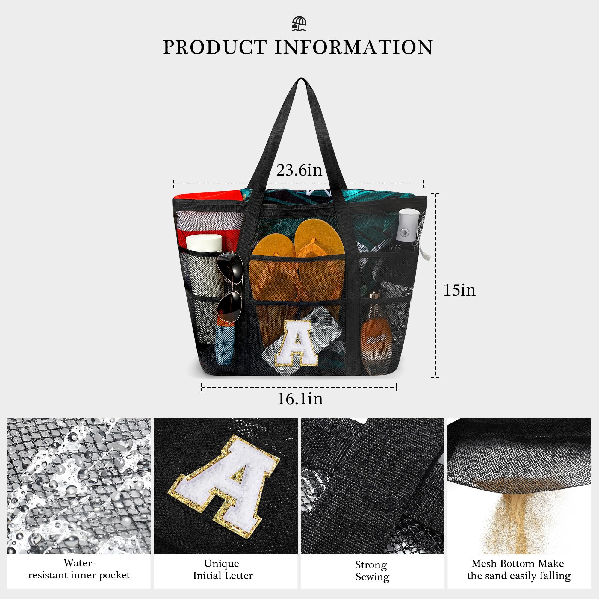 YOOLIFE Personalized Mesh Beach Bag with Initial & Pockets - Large Waterproof Tote for Swimming, Travel, and Vacation - Perfect Gift for Women Birthday, Bridesmaid, and Summer Outings