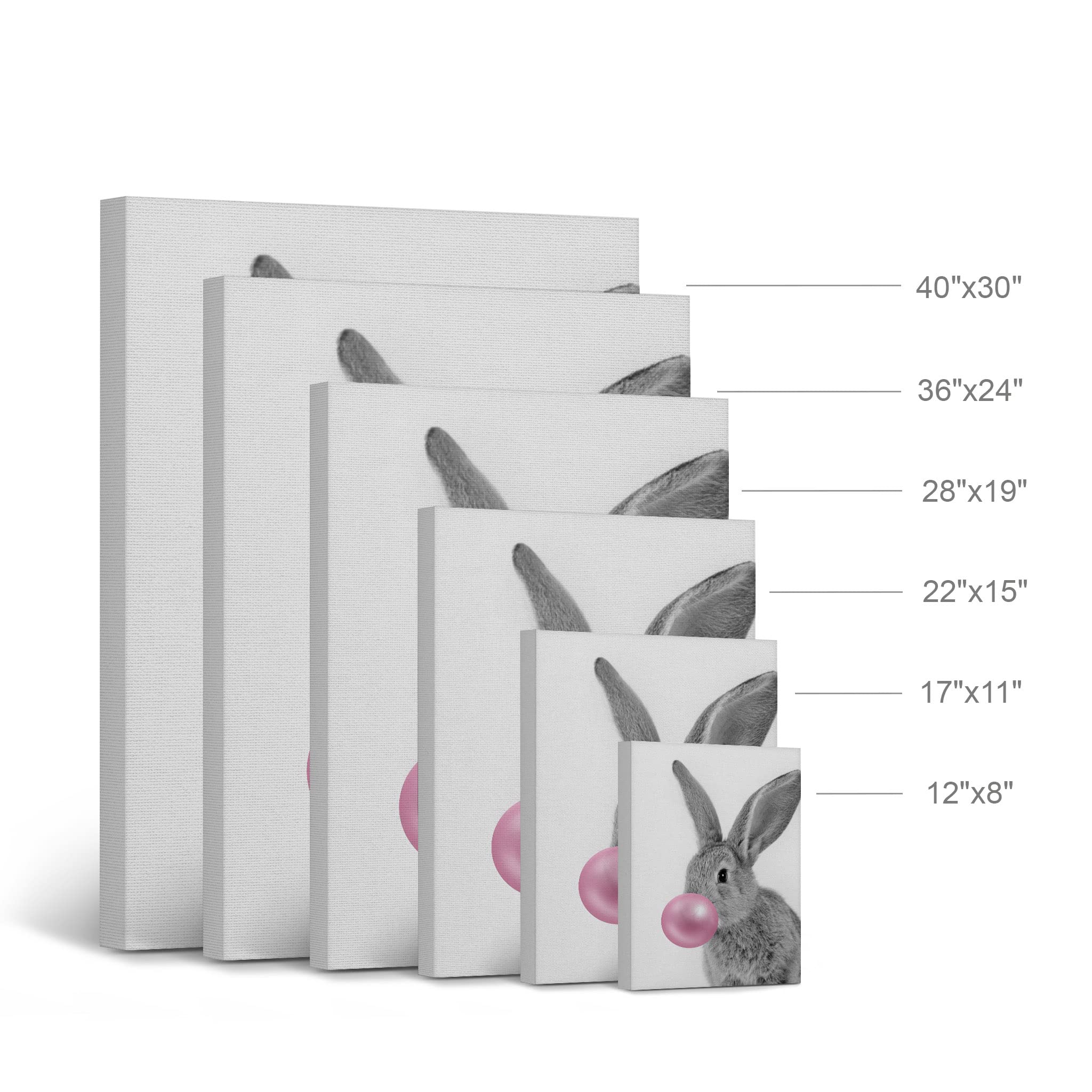 Smile Art Design Bunny Rabbit Canvas Print - Pink Bubble Gum Art, Black & White Wall Decor for Kids Room, Nursery, Gift - Stretched & Ready to Hang (36x24) | Made in USA | Perfect for Baby Showers, Children's Bedrooms & Playroom Decor