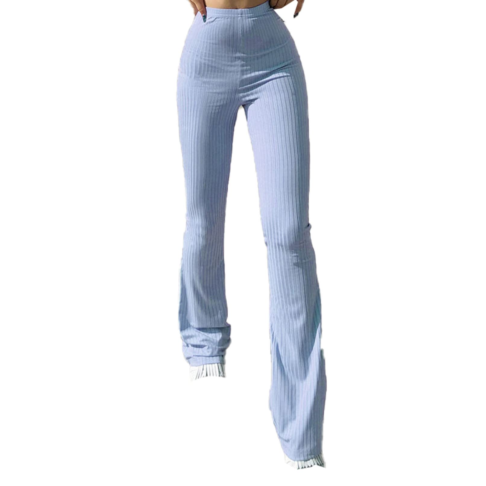Vintage High Waist Stretch Flare Pants for Women - Casual Bell Bottom Trousers & Jogging Sweatpants - Soft Lounge Wear in Blue | Perfect for Yoga, Running Errands & Relaxing at Home