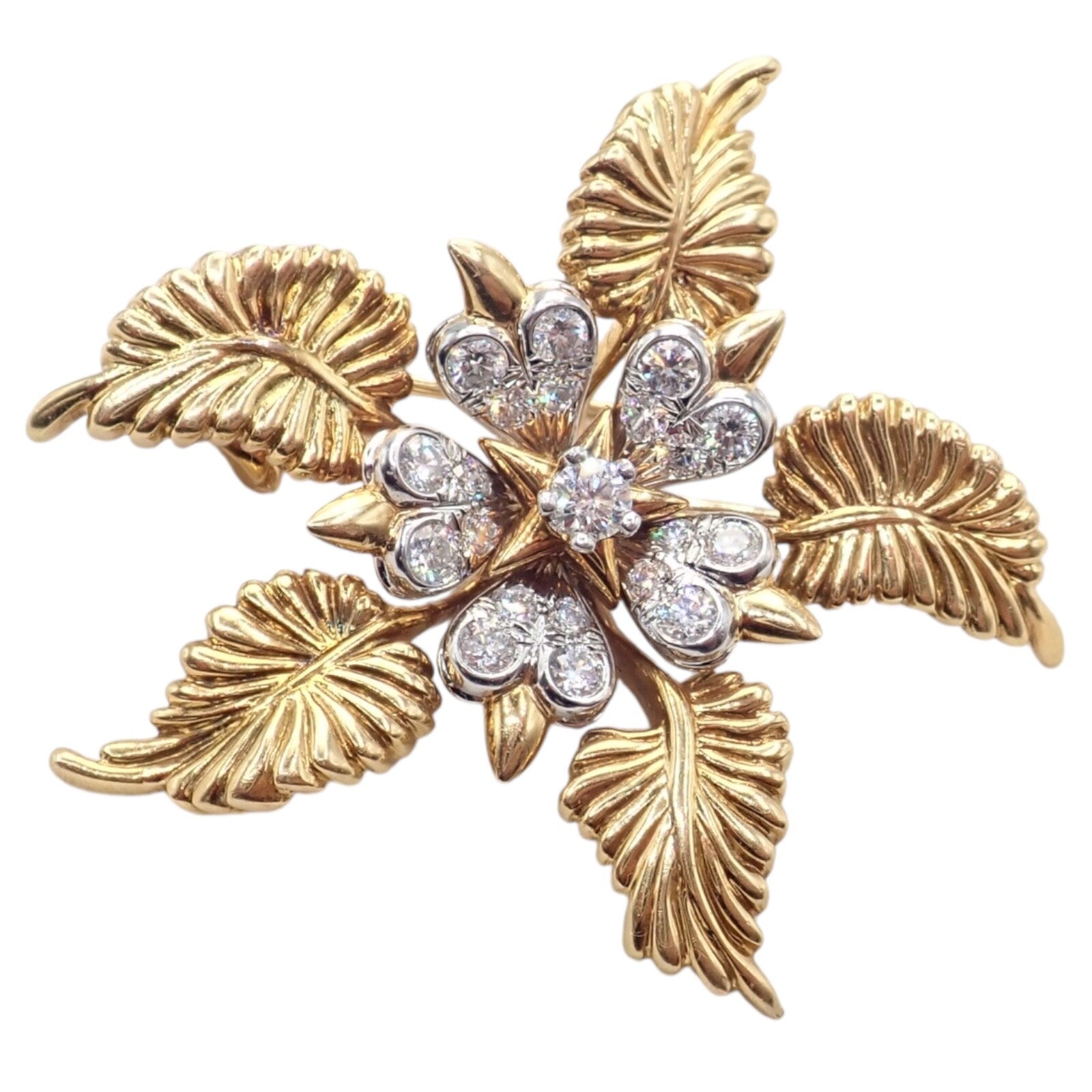 Tiffany & Co Schlumberger 18k Yellow Gold Platinum Diamond 5 Leaf Pin Brooch - Elegant Jewelry for Women, Luxury Gift for Anniversary & Special Occasions