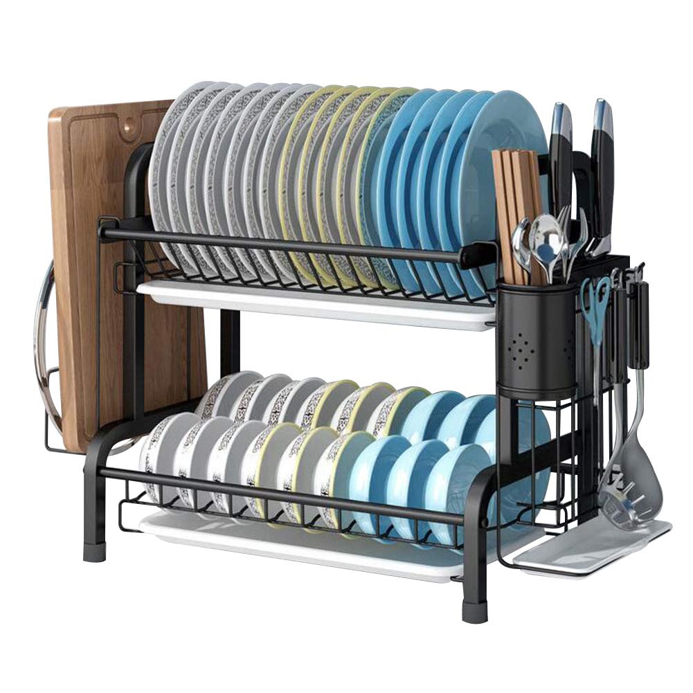 2-Tier 304 Stainless Steel Dish Drying Rack with Utensil Holder - Space Saving Kitchen Counter Dish Drainer for Efficient Dish Organization & Drying - Perfect for Small Kitchens, Apartments, and RVs