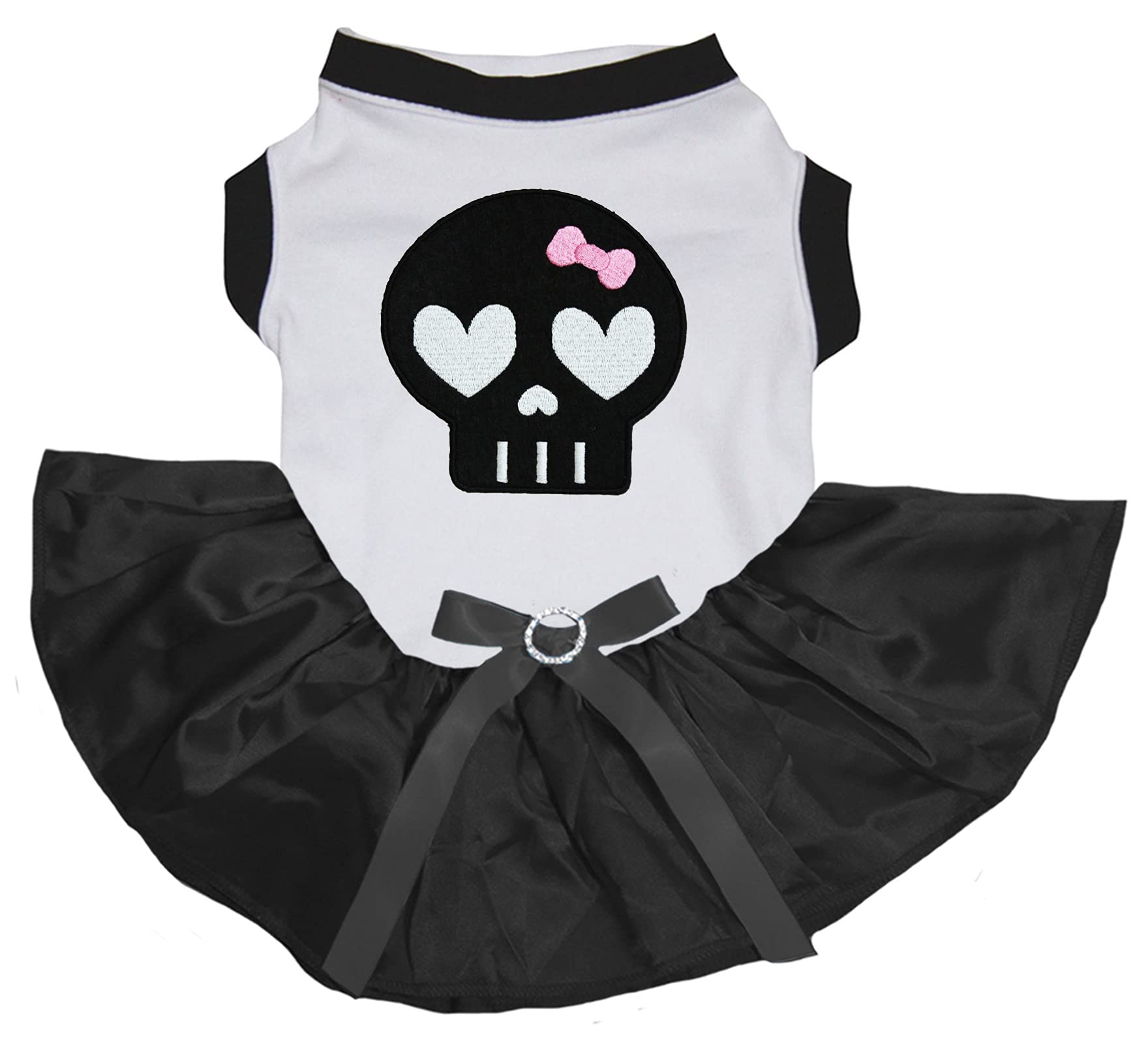 Petitebella Black Skull Face Puppy Dog Dress for Small Dogs - Cute Gothic Halloween Costume or Punk Outfit (White/Black) - Perfect for Pet Parties, Photo Shoots & Dress-Up Play