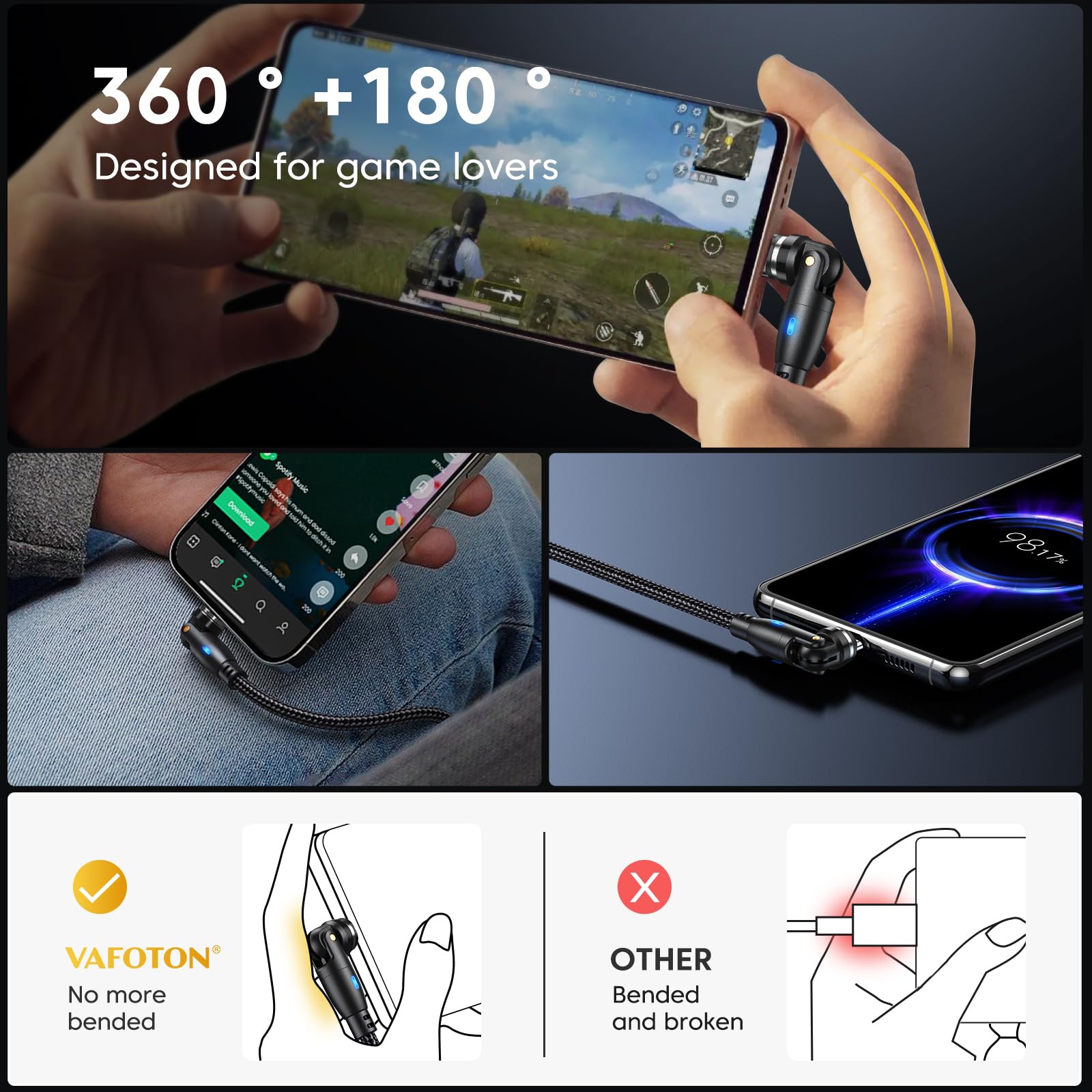 VAFOTON 9Pin Magnetic Charging Cable - 360° & 180° Rotatable 3-in-1 USB Fast Charger (18W) for Micro USB, Type C, iPhone - 3 Pack (2M/2M/1M) - Durable Magnetic Phone Charger for Home, Office & Travel