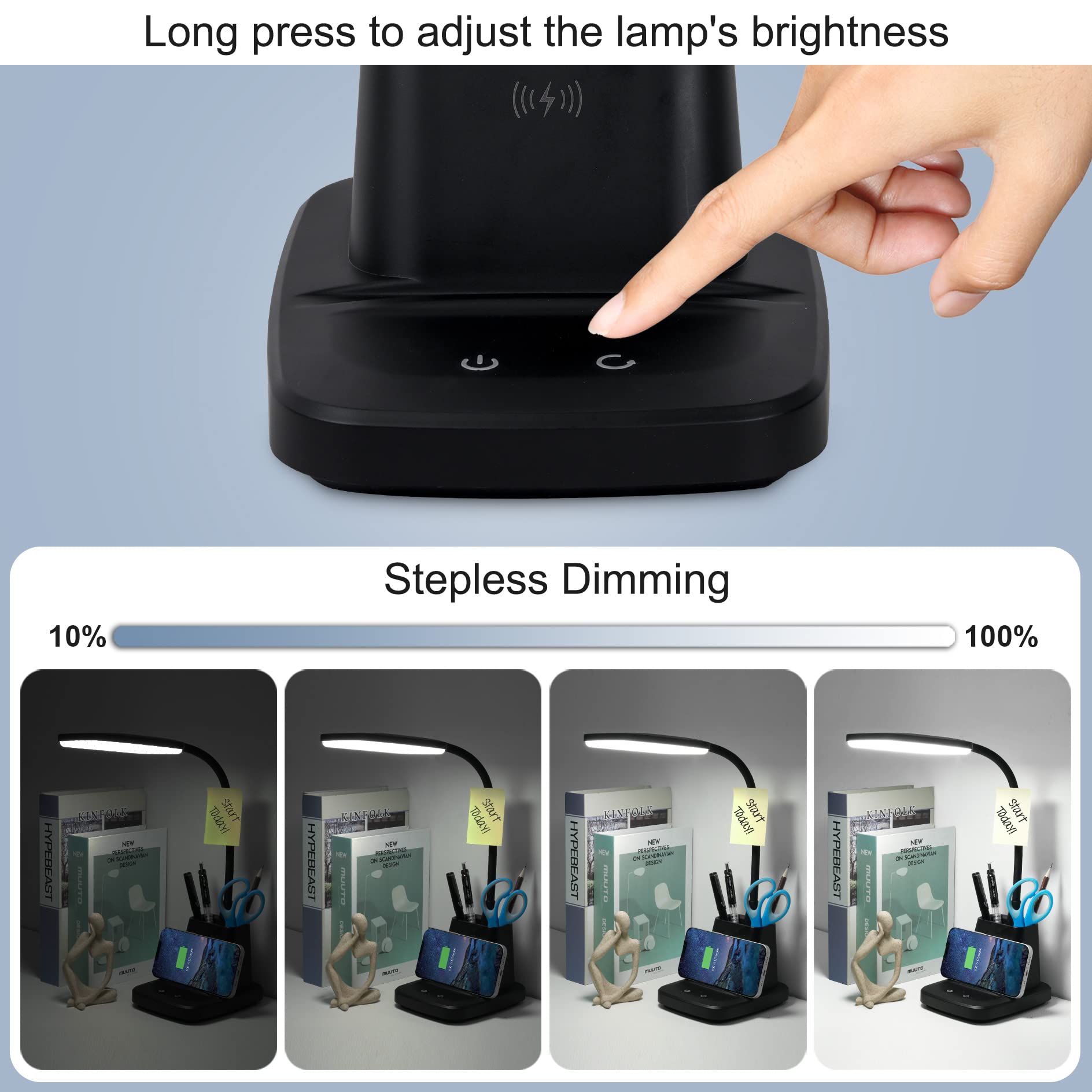 Sailstar LED Desk Lamp with Wireless Charger & Pen Holder - 3 Color Modes, Dimmable, 800LM, CRI85 - Perfect for Home Office, Study & College Dorm Room (Black, Adapter Included)