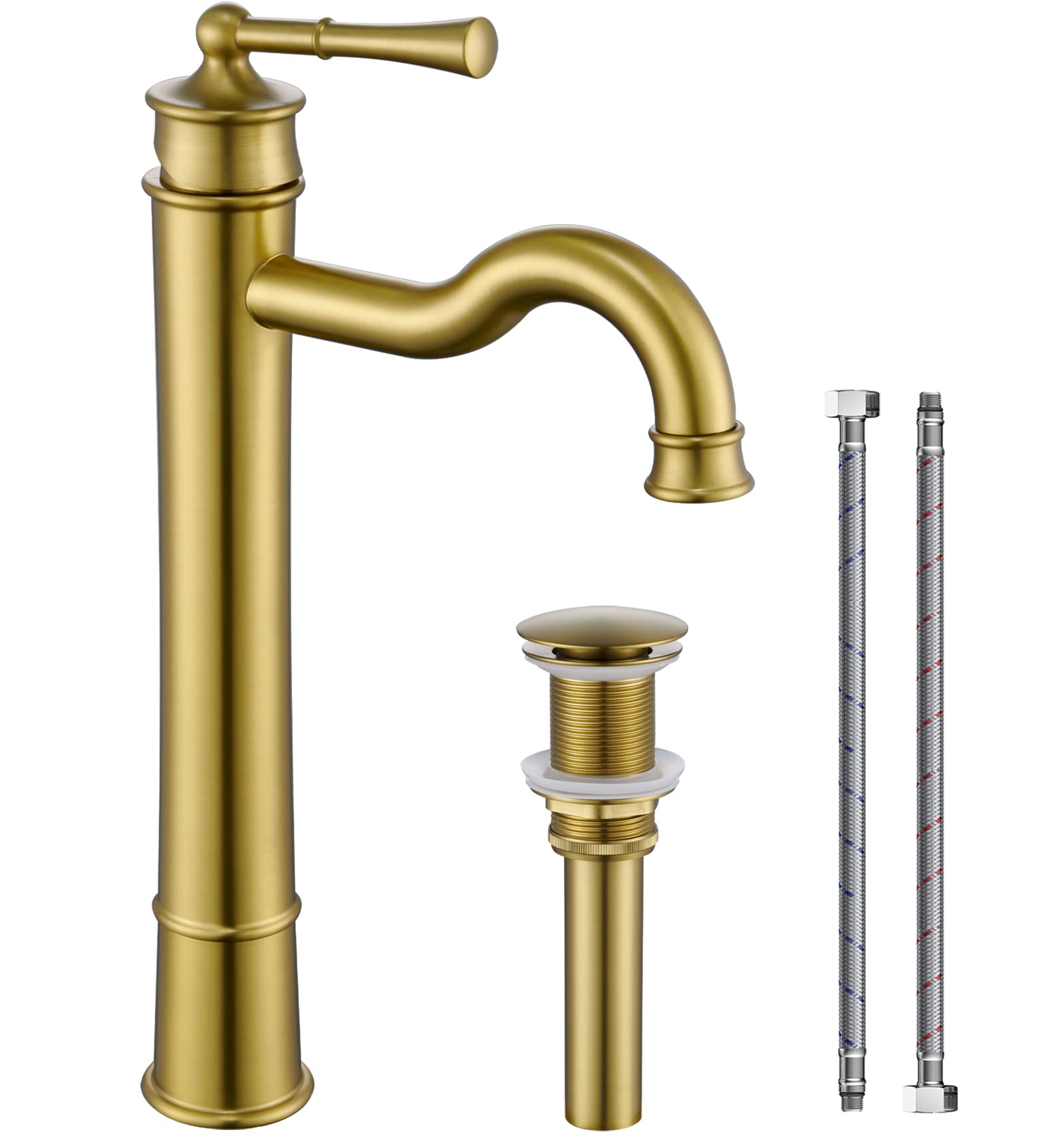 Brushed Gold Vessel Sink Faucet - Tall Single Hole Deck Mount for Bathroom Vanity