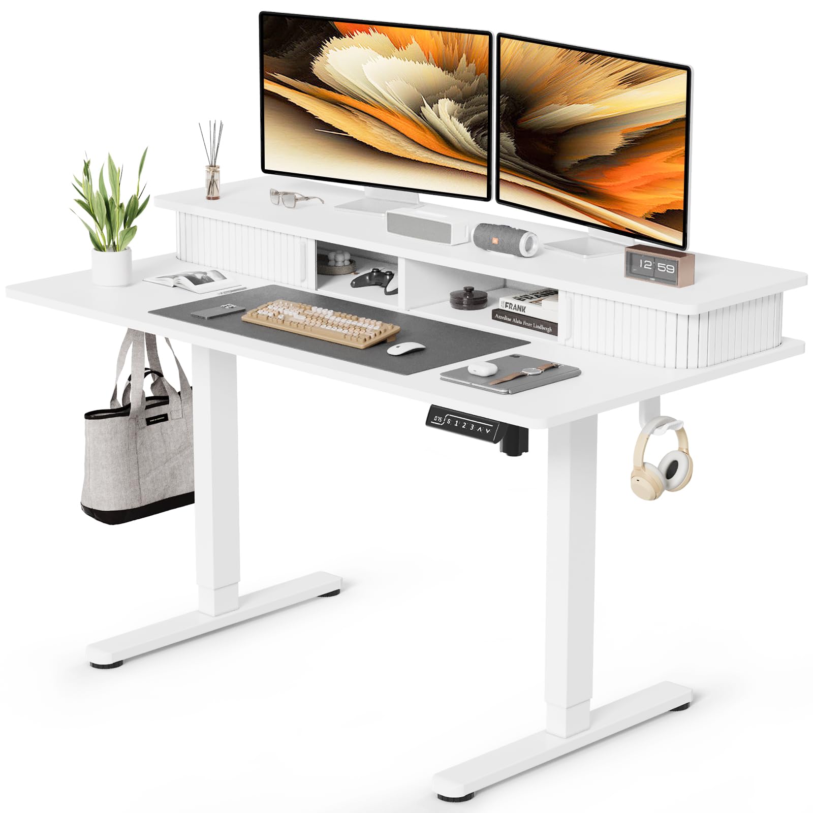 JOY Worker 48 Inch Electric Height Adjustable Standing Desk with Storage Shelves & Built-in Monitor Stand - Ergonomic Sit to Stand Workstation with 2 Hooks for Home Office (White) | Perfect for Remote Work, Gaming Setup & Small Space Office Solutions