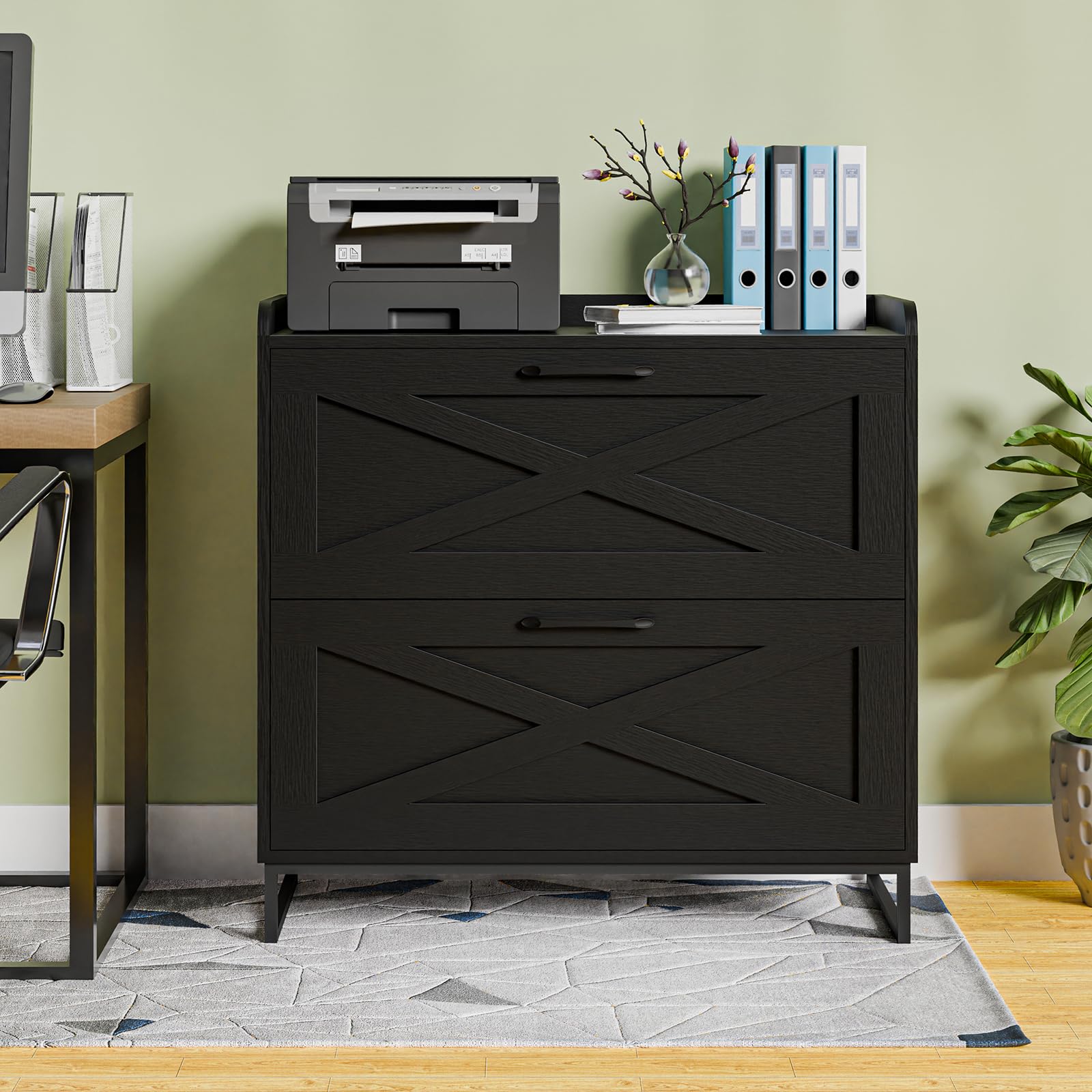 2-Drawer Lateral File Cabinet with Built-in Charging Station - Legal/Letter/A4 Hanging File Storage - Modern Farmhouse Wood Office Furniture (Black) - Perfect for Home Office Organization & Printer Stand