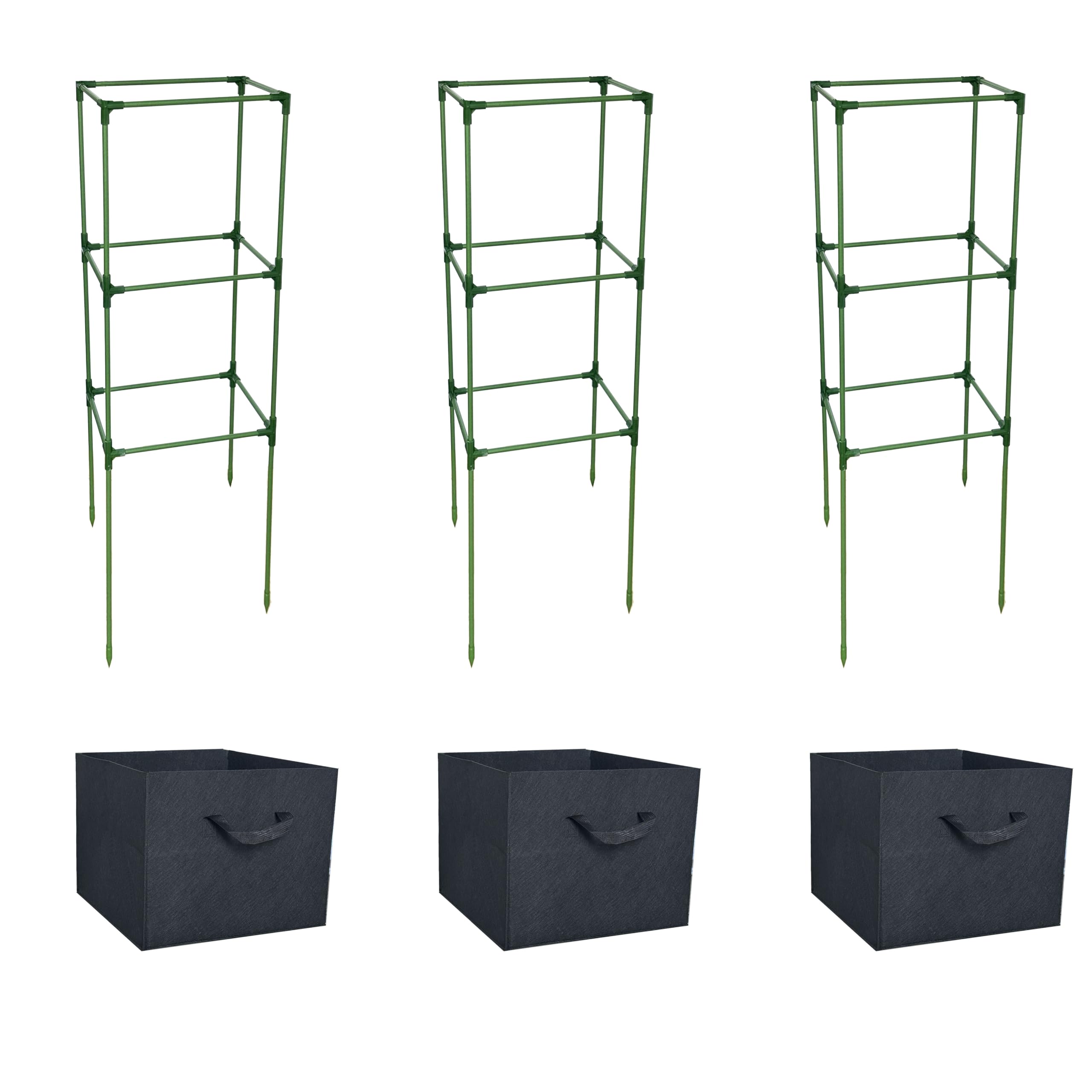 3 Pack 48 Inch Heavy Duty Tomato Cages with Grow Bags - Sturdy Plant Support for Tomatoes, Peppers & Vines - Perfect for Home Garden, Backyard & Greenhouse Planting