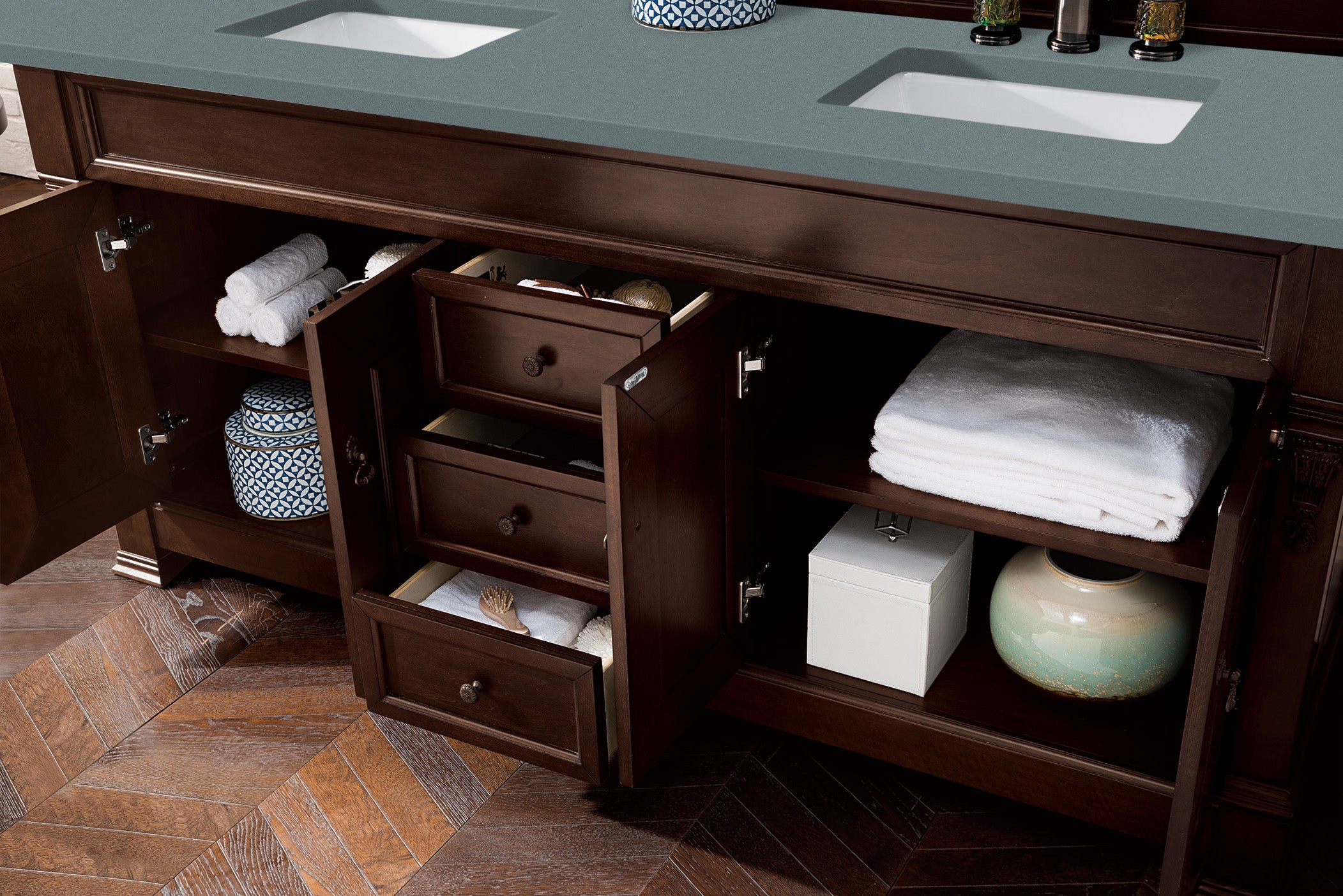Brookfield 72-Inch Double Vanity with Burnished Mahogany Base & 3CM Calacatta Blue Quartz Countertop - Perfect for Master Bathroom Renovation