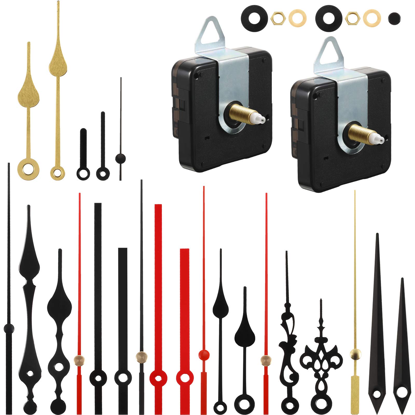 2-Pack Silent Quartz Clock Movement Mechanism with 8 Clock Hands - DIY Repair Replacement Kit (20mm Shaft Length) for Wall Clocks, Craft Projects & Home Decor