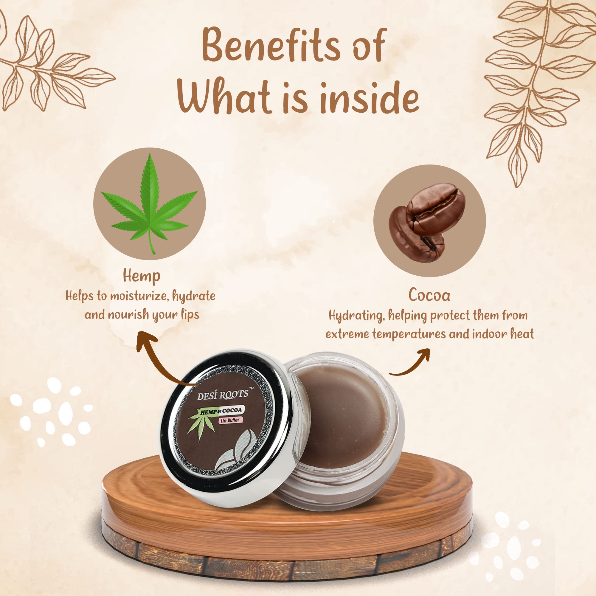 DESI ROOTS Hemp & Cocoa Lip Butter - Organic Lip Balm for Dry & Chapped Lips Repair - Hydrating Moisturizer for Women & Men - 10g - Perfect for Winter Skincare & Daily Lip Care Routine
