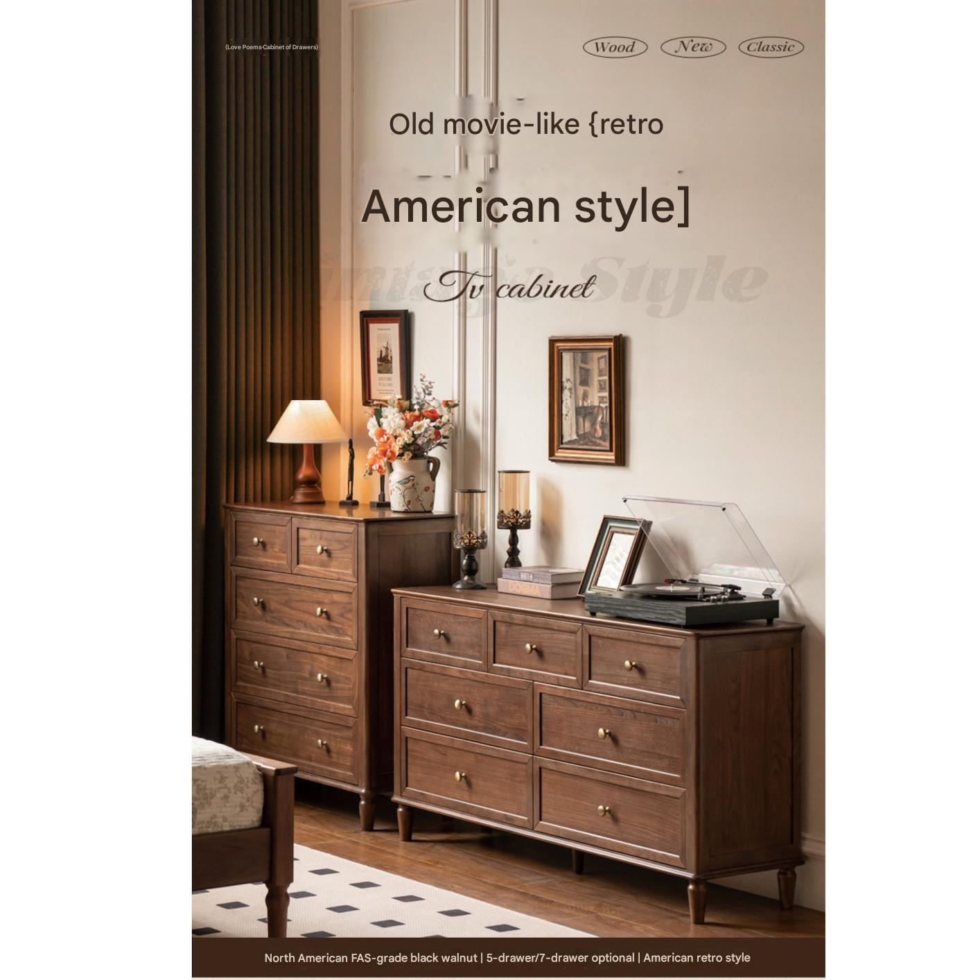 Solid Black Walnut Wood American Retro Dresser - Vintage 5-Drawer Chest for Bedroom, Living Room & Home Office Storage