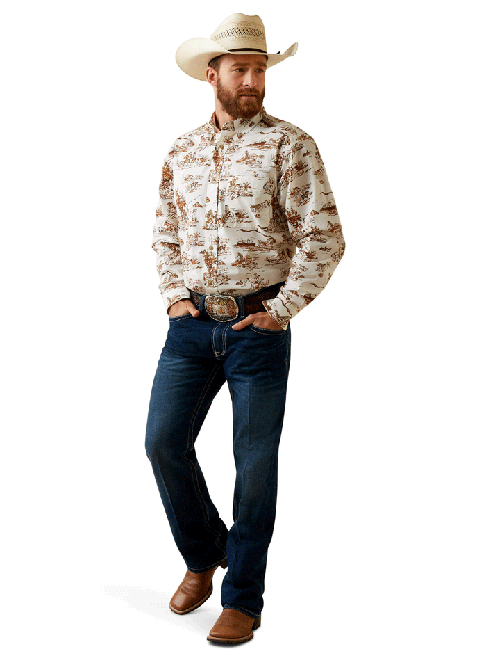 Ariat Men's Wrinkle Resistant Paniolo Western Aloha Stretch Classic Fit Shirt - Sand Color for Casual Wear, Cowboy Rodeo & Hawaiian Themed Events