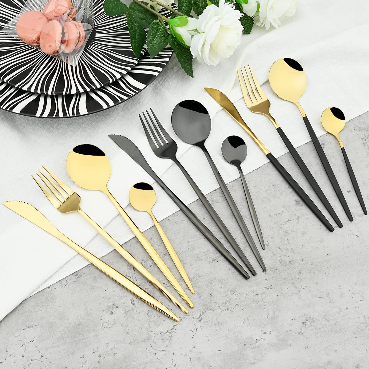 24-Piece Stainless Steel Silverware Set - Knife, Fork & Spoon Flatware Set with Gift Box - Elegant Black Dishwasher Safe Cutlery for Dinner Parties, Weddings & Everyday Dining