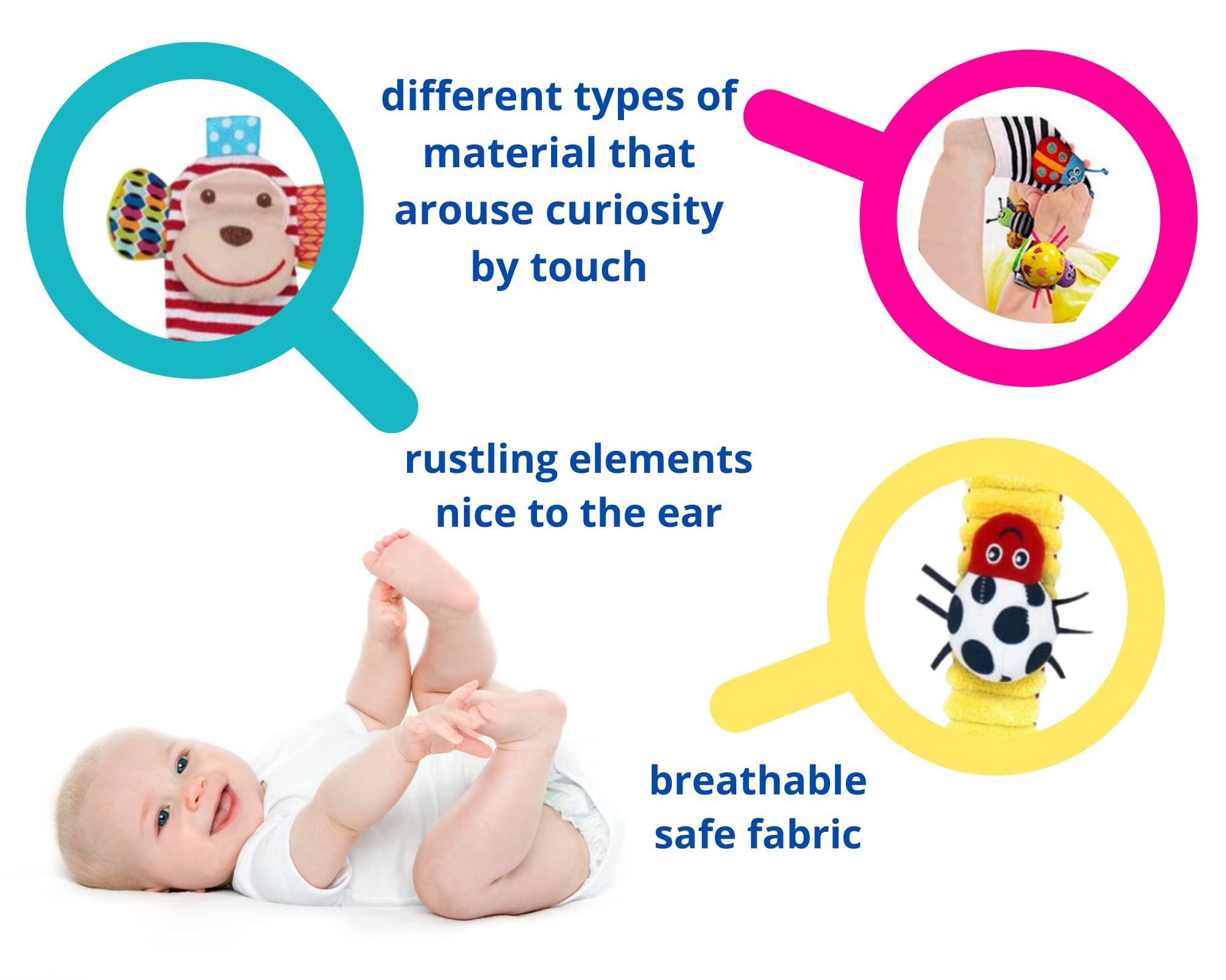 Funky Planet Sozzy Socks Baby Sensory Toys - 4pcs Soft Foot Rattles for Newborns & Infants | Developmental Hand-Foot Toys for Early Learning & Motor Skills | Perfect for Playtime, Tummy Time & Sensory Stimulation