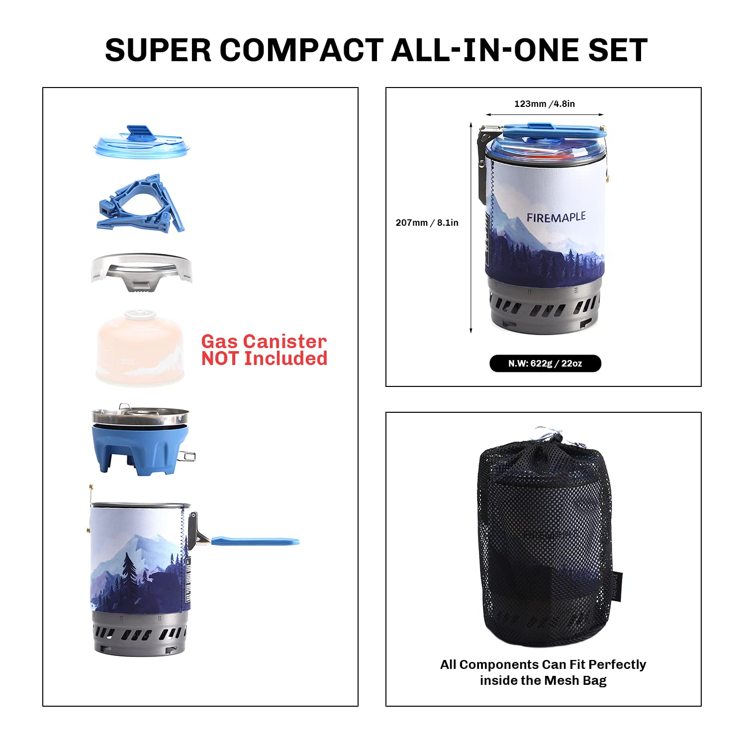 Fire Maple Polaris Portable Camping Gas Stove with Piezo Ignition - Compact Backpacking Stove for Hiking, Trekking & Bushcraft - Includes Pot Support & Stand - Perfect for Outdoor Cooking, Camping Trips & Emergency Preparedness (Blue)