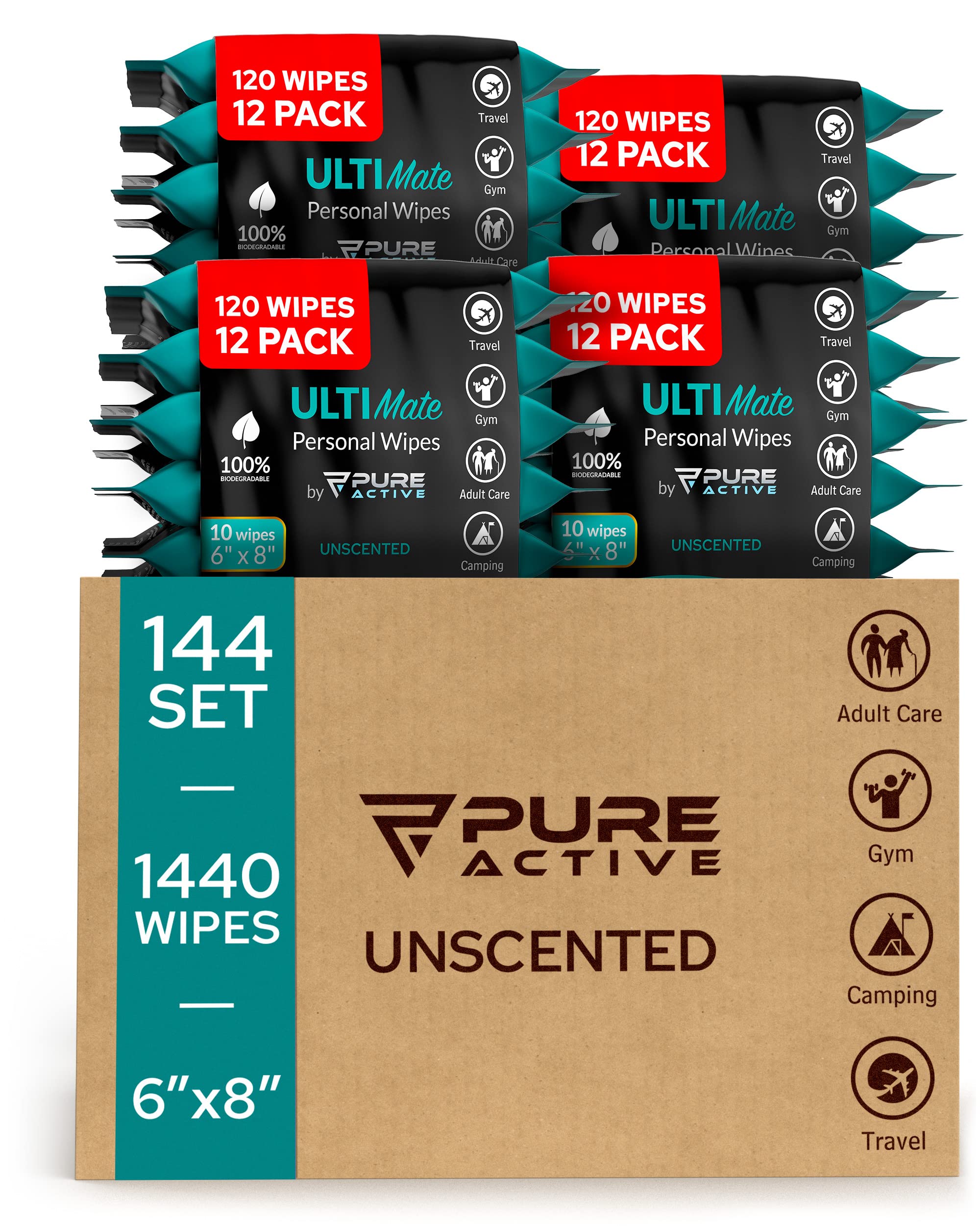 Biodegradable Shower & Face Wipes for Men - Unscented Gym, Travel & Camping Hygiene Wipes (1440 Count Multipack) | Post-Workout, Outdoor & Emergency Cleaning Solution