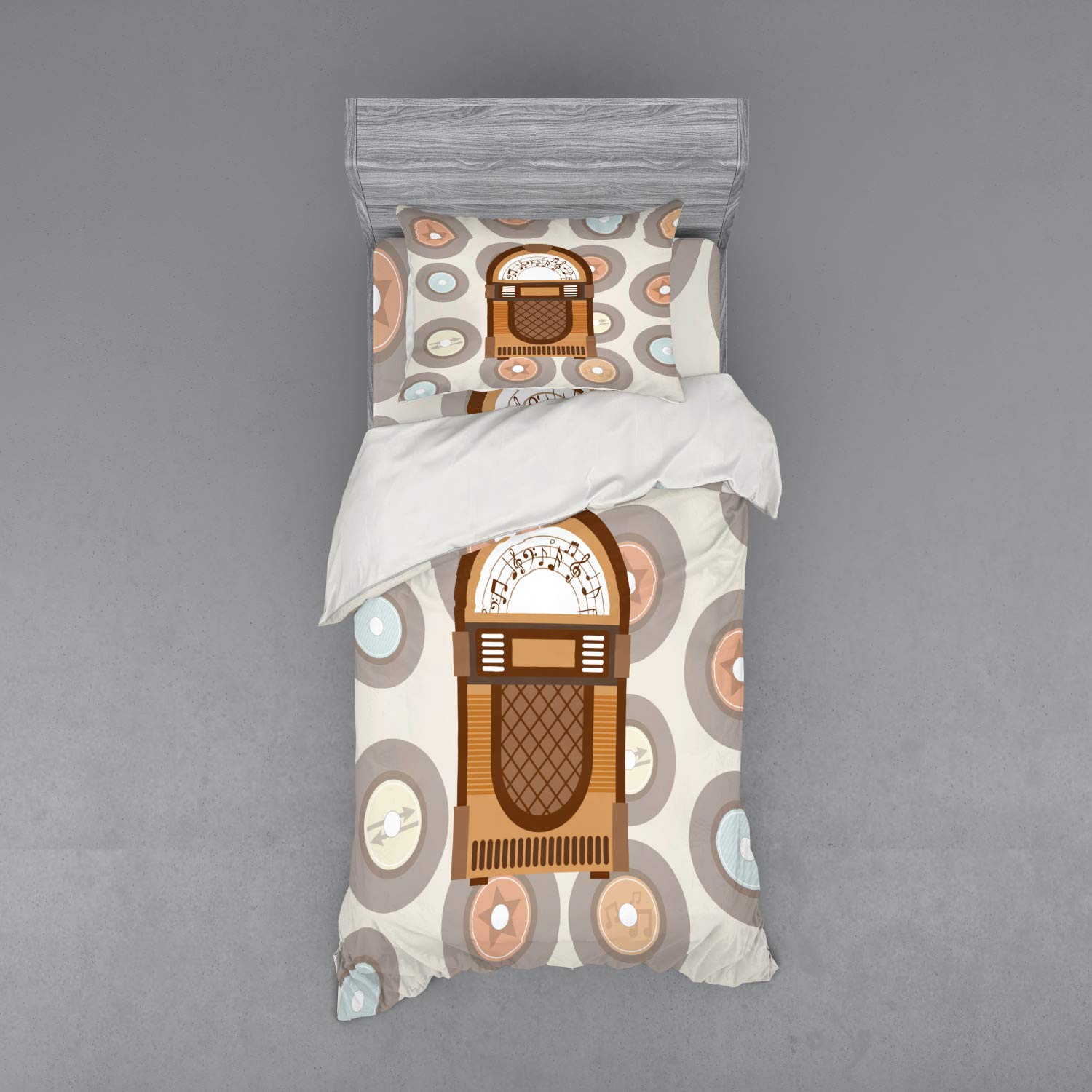 Ambesonne Vintage Jukebox Duvet Cover Set - 3 Piece Bedding with Sham & Fitted Sheet, Twin Size in Brown, Pale Coffee Grey & Peach - Retro Music Theme for Bedroom Decor, Perfect Gift for Vinyl Record Lovers