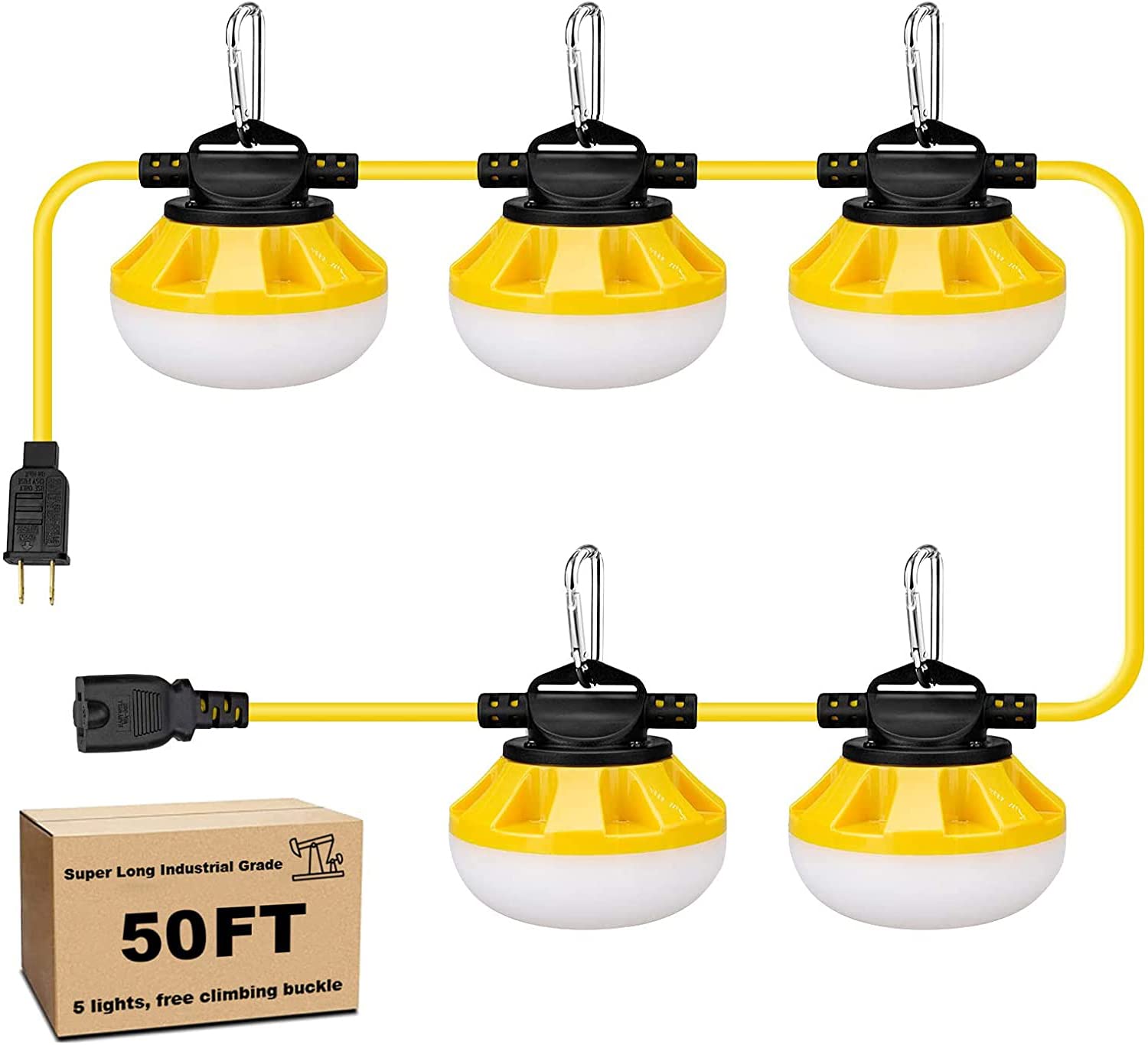 50FT Heavy Duty LED String Lights - Industrial Grade Construction Site Lighting for Renovation, Walkways, Patio, Mining & Outdoor Use - Weatherproof with Hooks (5 Lights) - Perfect for Job Sites, Backyard Parties & Emergency Lighting