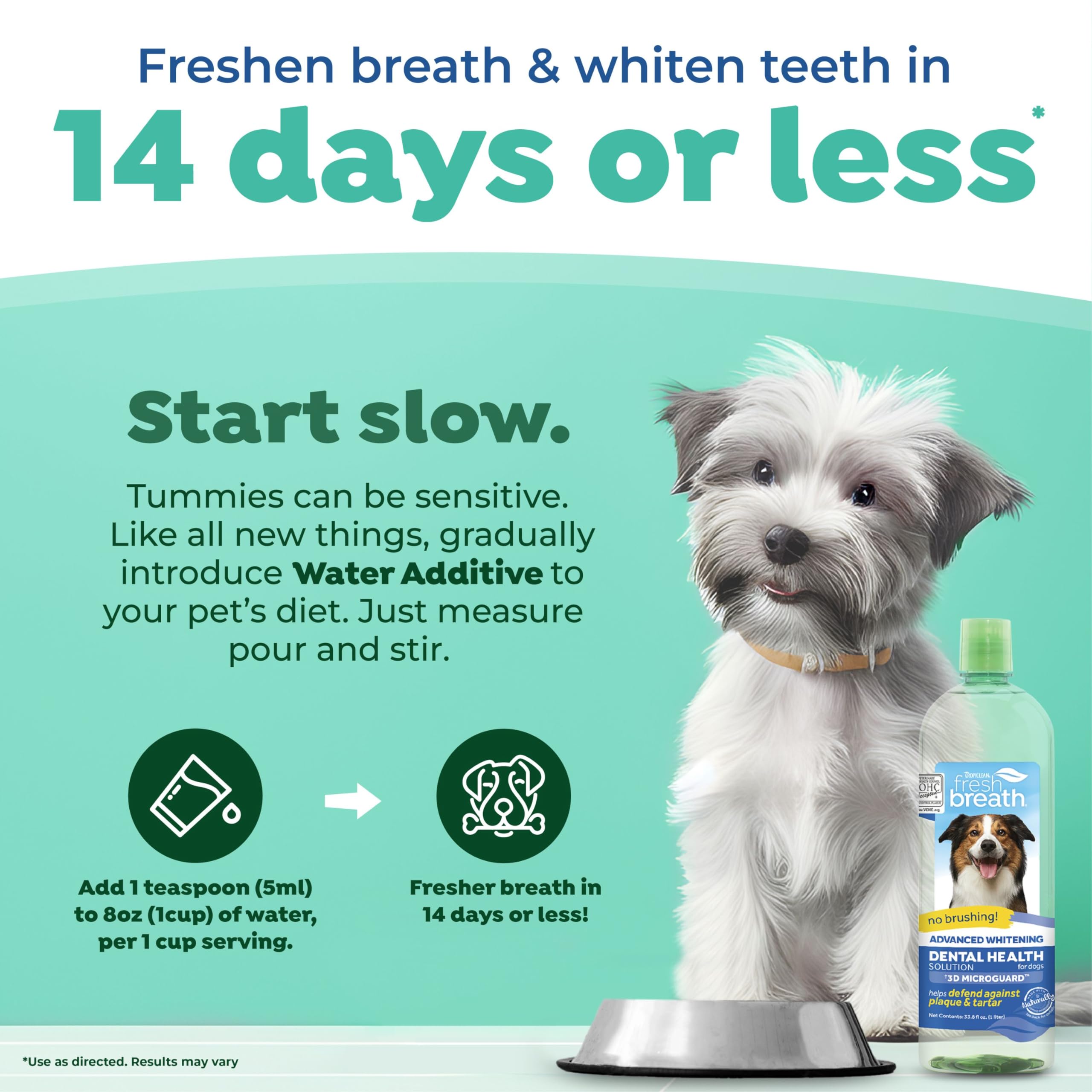 TropiClean Fresh Breath Advanced Whitening Water Additive for Dogs - Dog Dental Care Solution with 3D Microguard Technology | 33.8oz Pet Water Additive for Fresher Breath & Whiter Teeth | Perfect for Daily Oral Hygiene & Plaque Prevention