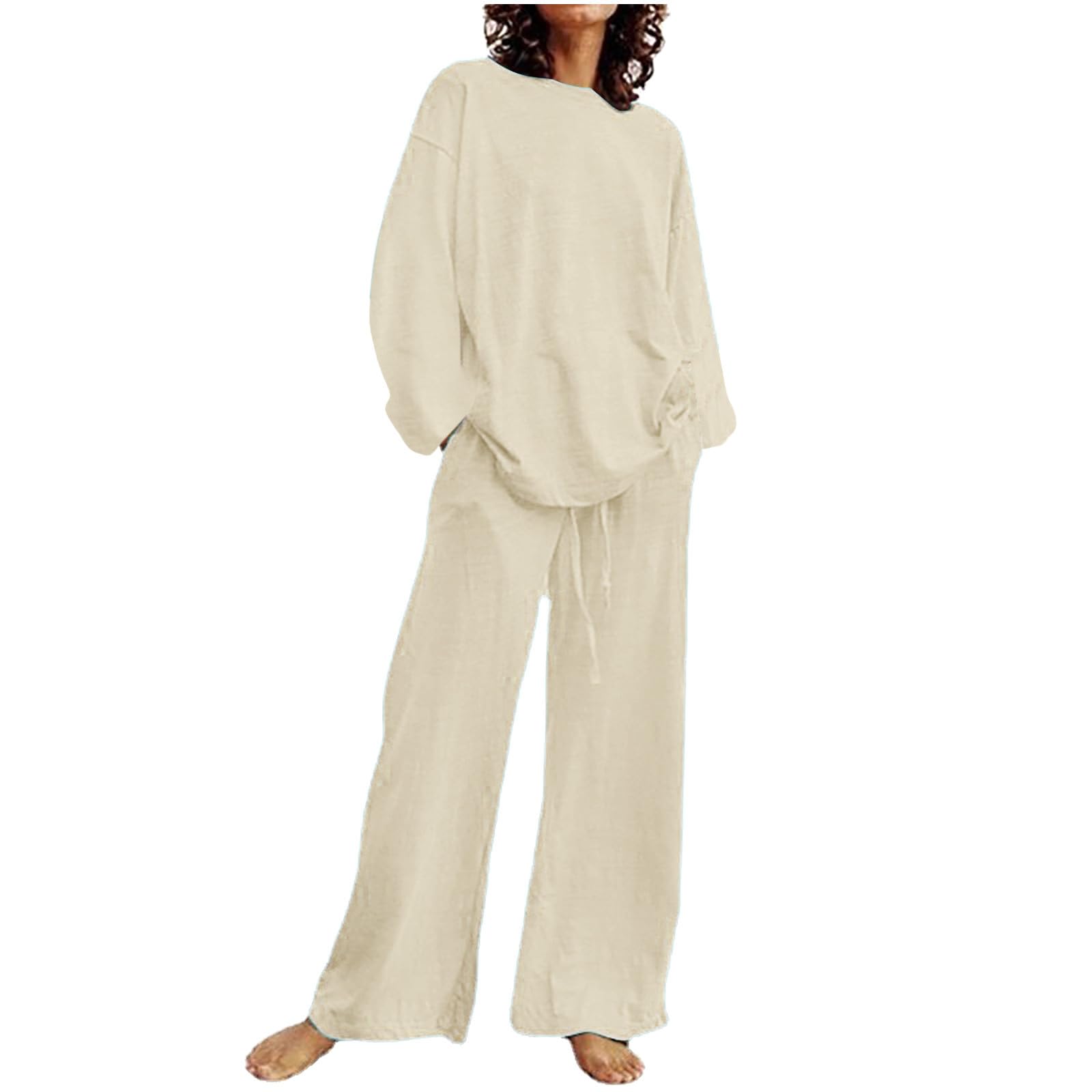 Oelaio Women's 2-Piece Pant Suit Set - Wide Leg Lounge & Travel Outfit - Casual 100% Cotton Comfort Wear for Home, Office & Vacation