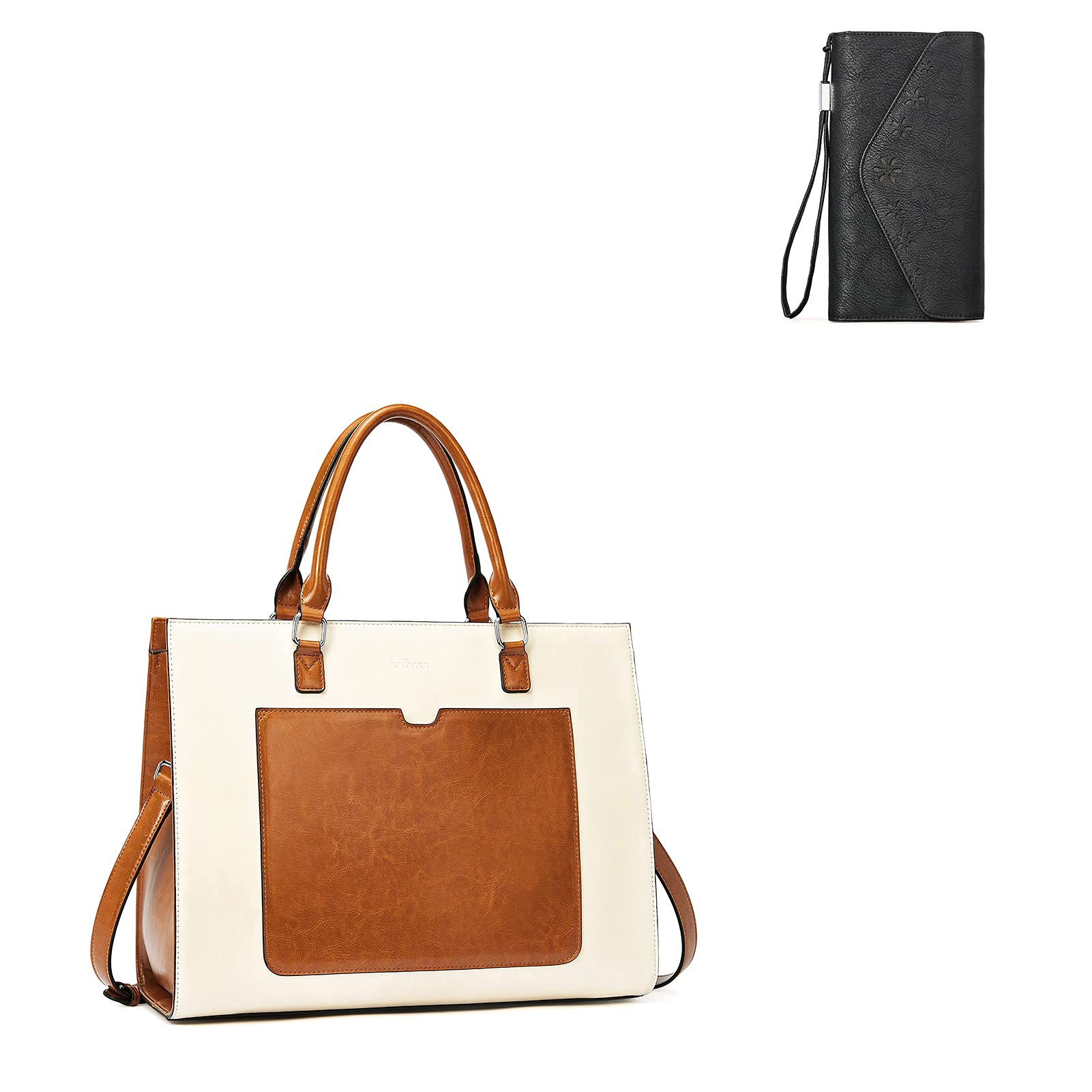 BROMEN Women's Leather Briefcase 15.6 Inch Laptop Bag - Brown & Beige Shoulder Bag with Matching Leather Wallet (Retro Black) - Perfect for Office, Business Travel & Professional Work Accessories