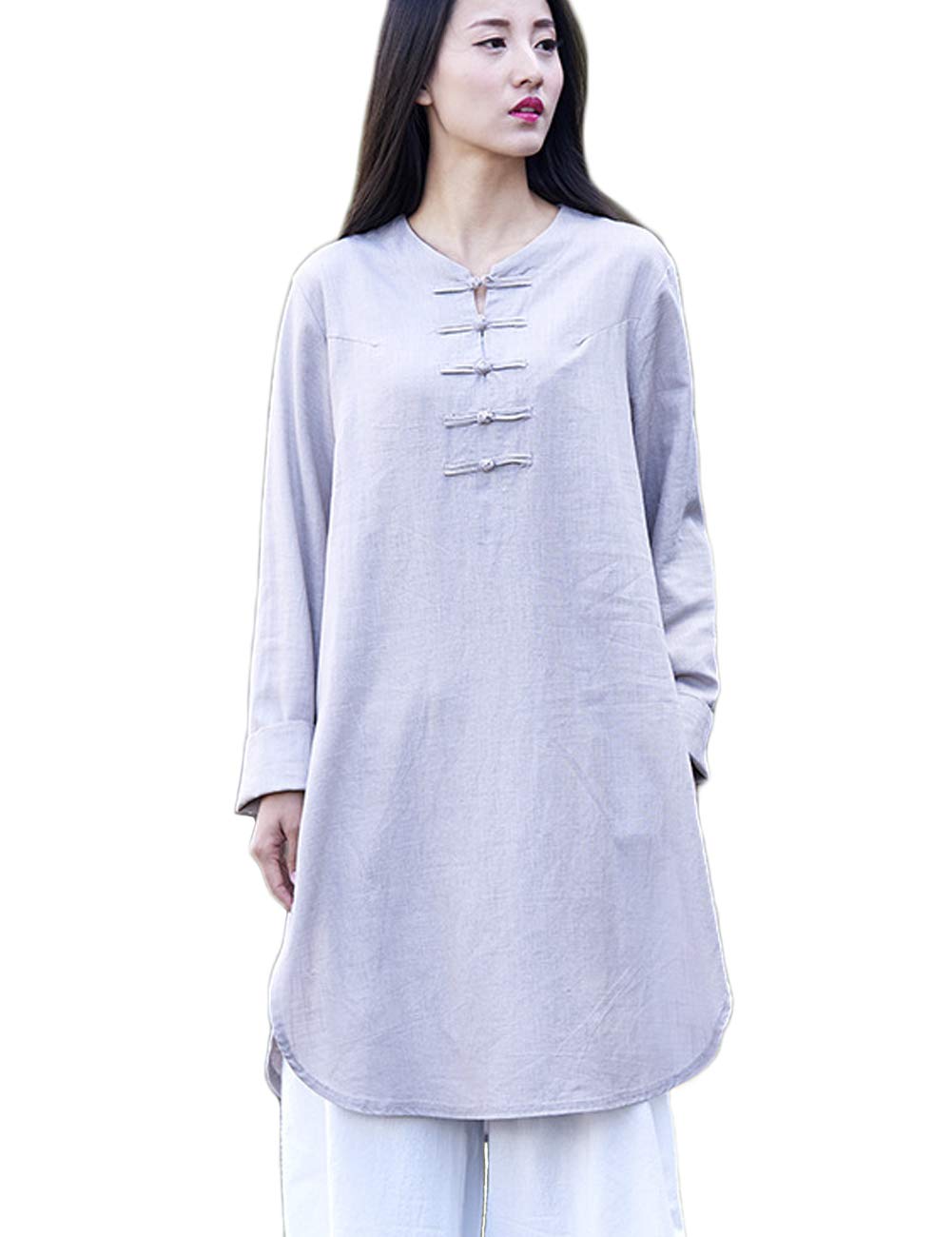 LZJN Women's Casual Cotton Linen Button Down Blouse Cardigan - Long Sleeve Loose T-Shirt Top with Pockets | Perfect for Office, Travel & Everyday Wear