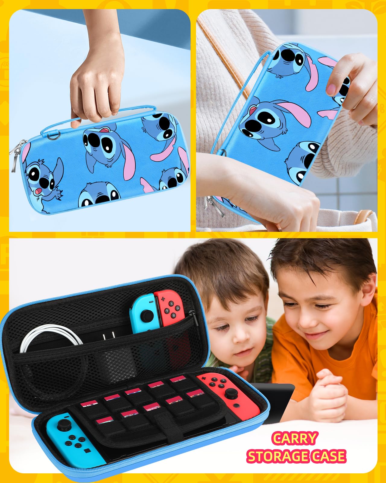 Cute Nintendo Switch/Switch OLED Carrying Case - Hard Shell Travel Storage Bag for Boys & Girls, Funny Cartoon Design, Portable Pouch for Switch Accessories (Blue Stitch) - Perfect for Gaming On-The-Go & Travel Protection