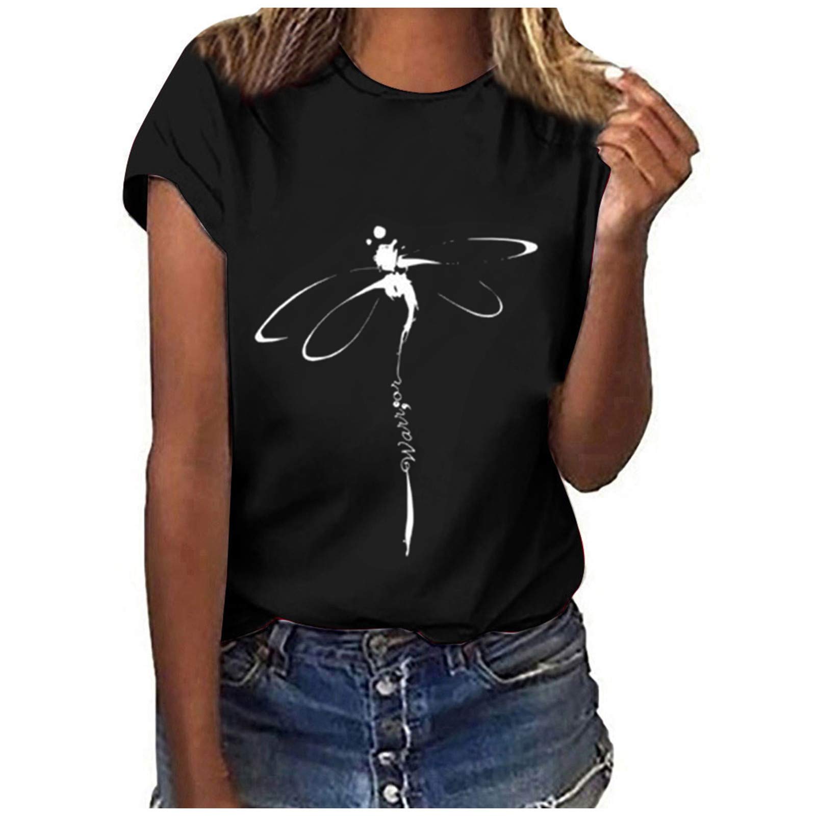 Kamendita Women's Dragonfly Print T-Shirt - Cute Funny Summer Short Sleeve Casual Blouse Top for Women | Perfect for Beach Outings, Weekend Wear & Casual Fashion