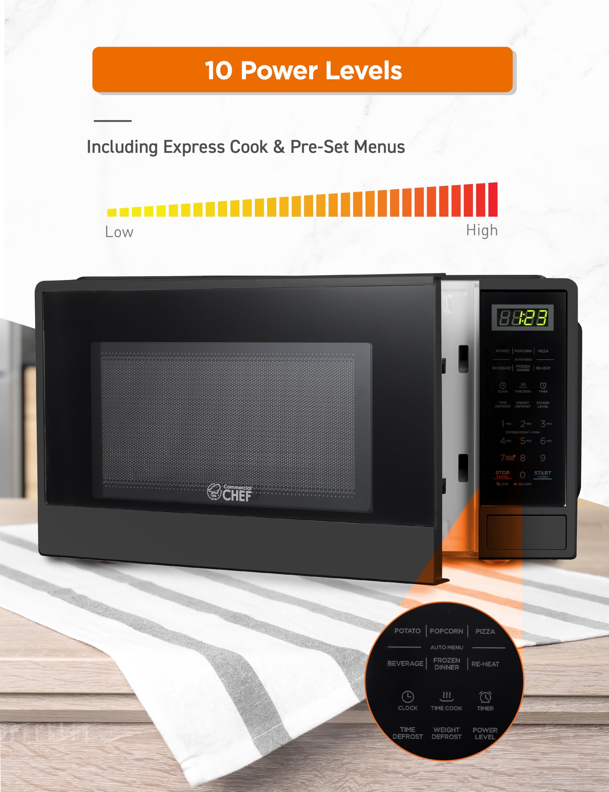 Commercial Chef 1.1 Cu Ft Compact Microwave Oven - 1000W Countertop Microwave with 10 Power Levels, Push Button Controls, Digital Display, Kitchen Timer & Safety Door Lock (Black) - Perfect for Small Kitchens, Dorms, Offices & RVs