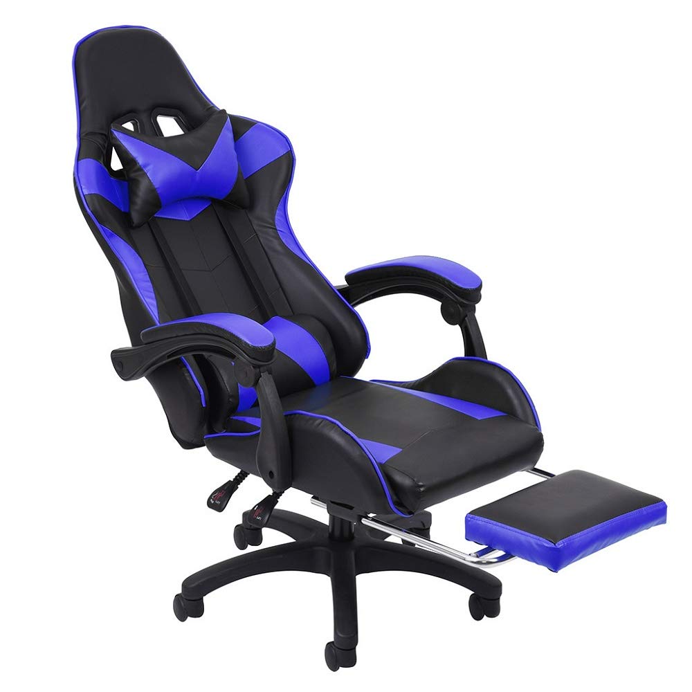 Premium Ergonomic Gaming Chair with Adjustable Footrest & High Backrest - Reclining PU Leather Office Chair for Home & Gaming, Wider Seat for Comfort - Perfect for PC Gamers & Remote Work (Blue)