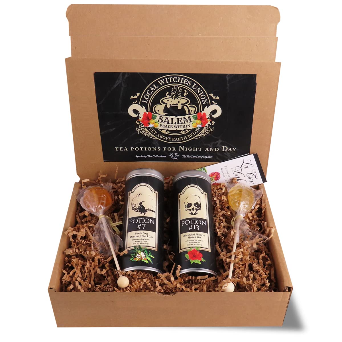 La Tea Dah Halloween Potions Gift Basket - Pumpkin Spice Tea, Blood Red Hibiscus Tea with Honey Stirrers | Non-Candy Gourmet Tea Gift Set for Halloween Parties, Witch-Themed Events & Cozy Autumn Evenings