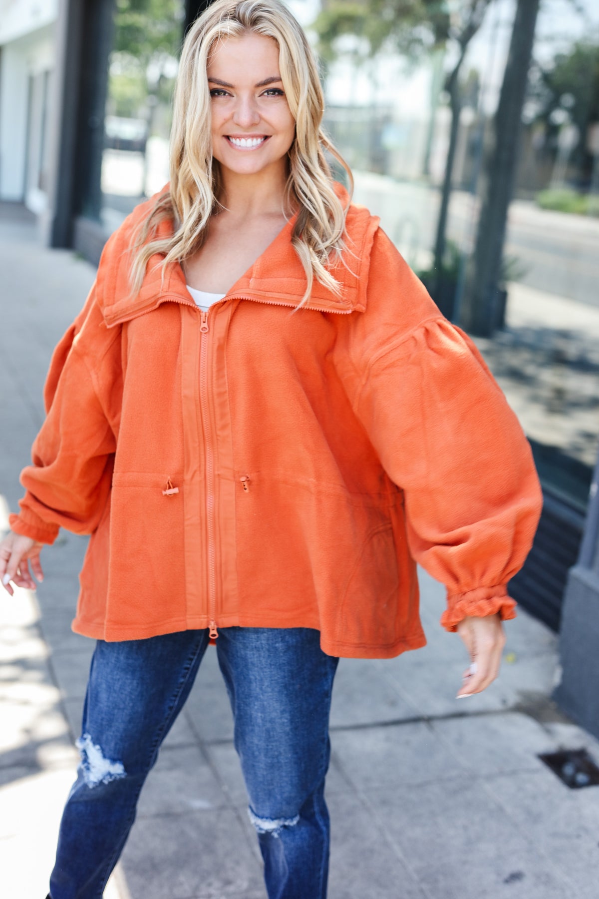 Stylish Rust Cinched Waist Zip-Up Fleece Jacket for Women | Cozy Winter Outerwear | Perfect for Hiking, Camping & Casual Outfits