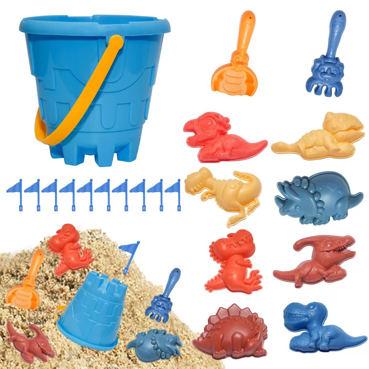 **Holady 21-Piece Kids Beach Sand Toys Set with Bucket, Shovel, Rakes, Flag & Dinosaur Molds - Outdoor Sandbox Toys for Boys & Girls Ages 3-10 - Perfect for Beach, Backyard & Sandcastle Fun**