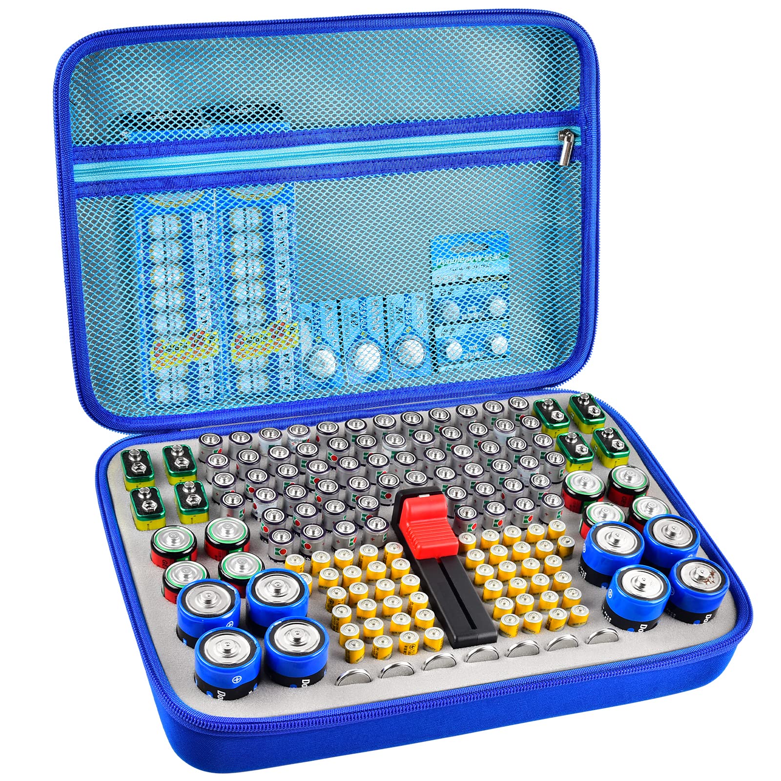 Battery Organizer Storage Box with Tester - Holds 150+ AA AAA C D 9V Lithium 3V (LR44 CR2016 CR2032 CR2025) Batteries - Compact & Durable Plastic Case (Batteries Not Included) - Light Blue - Perfect for Home, Office, RV & Emergency Kits