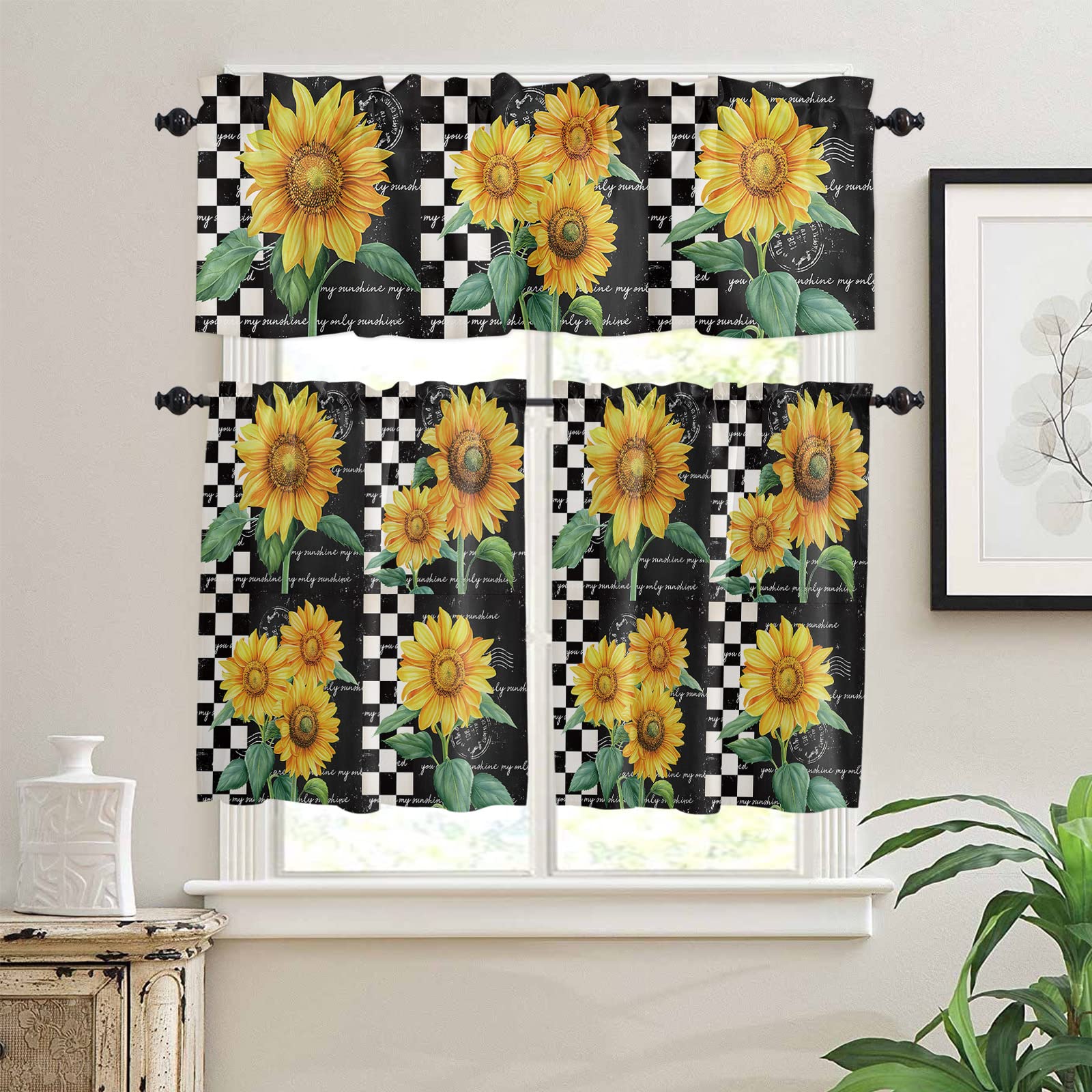 3 Piece Semi-Sheer Kitchen Curtains Set - Rustic Farmhouse Sunflower Floral with Black Checkered Design, Light Filtering Pocket Top Tier & Valance for Living Room, Bedroom, Bathroom - Perfect for Farmhouse Decor, Sunlit Windows & Cozy Home Atmosphere