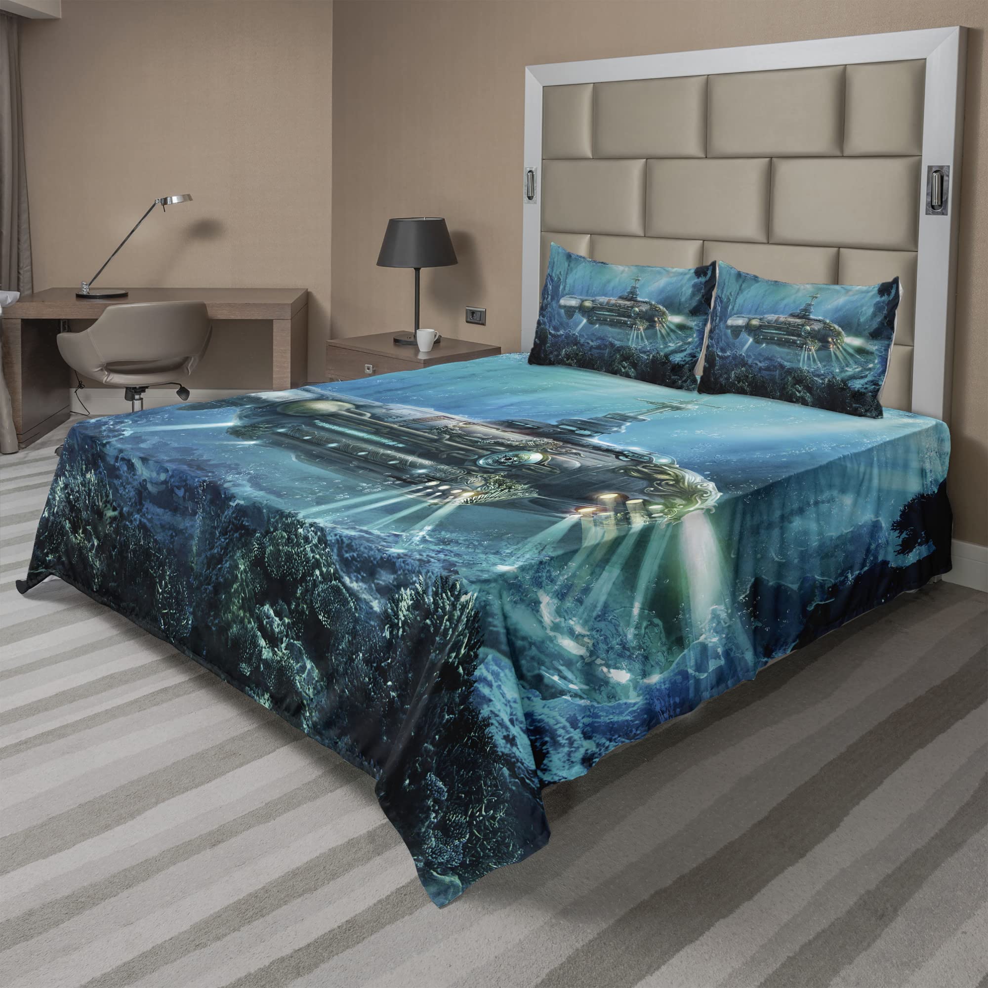 Ambesonne Fantasy Bed Sheet Set 4-Piece - Science Fiction Submarine Underwater Digital Print Duvet Cover - King Size Grey & Aqua Futuristic Bedding for Modern Bedrooms, Guest Rooms & Sci-Fi Themed Decor