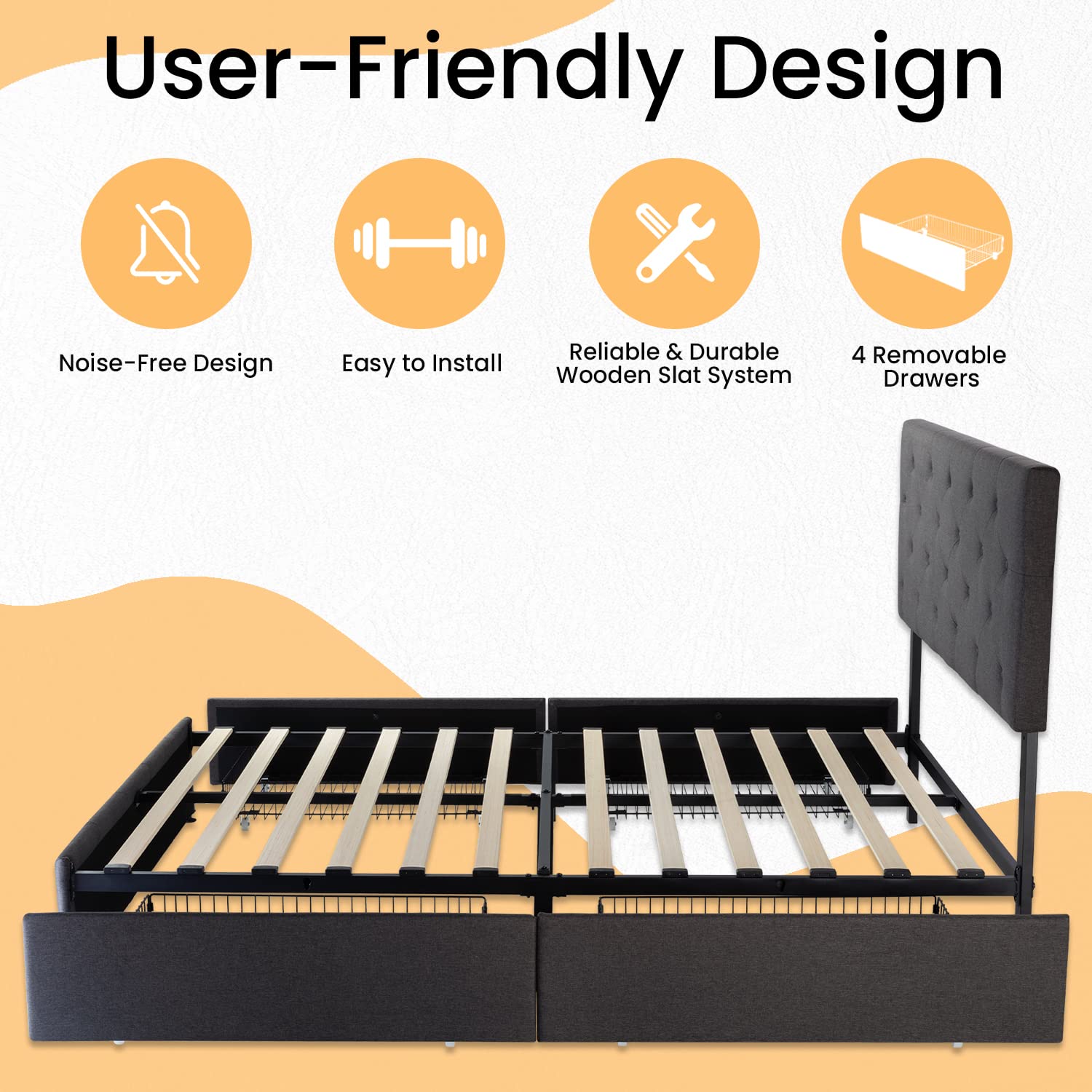 SHA CERLIN Upholstered Queen Size Platform Bed Frame with 4 Storage Drawers - Adjustable Diamond Stitched Headboard, Wooden Slat Support, No Box Spring Needed - Dark Grey Modern Bedroom Furniture for Small Space & Storage Solutions