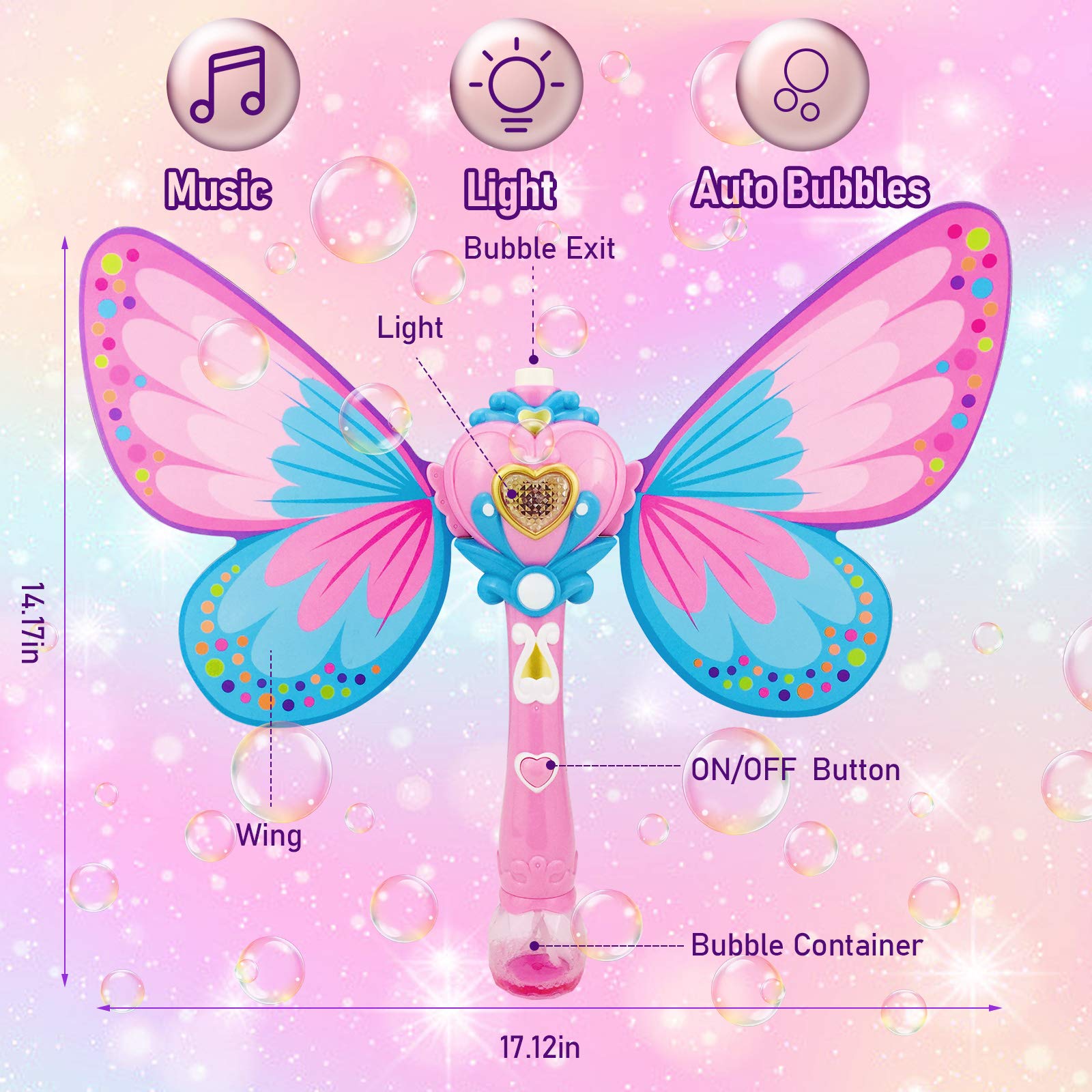 Butterfly Bubble Machine for Kids - Automatic Bubble Blower with Music & LED Lights, Includes 2 Bubble Refills - Perfect for Toddlers, Birthday Parties, Weddings, Outdoor & Indoor Play