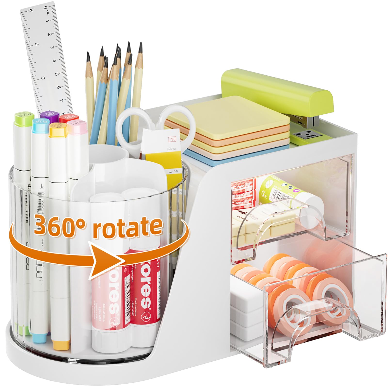 360° Rotating Desk Organizer with 6 Pen Slots & 2 Drawers - White Office Storage Caddy for Pens, Art Supplies & Stationery | Perfect for Home Office, School & Workspace Organization