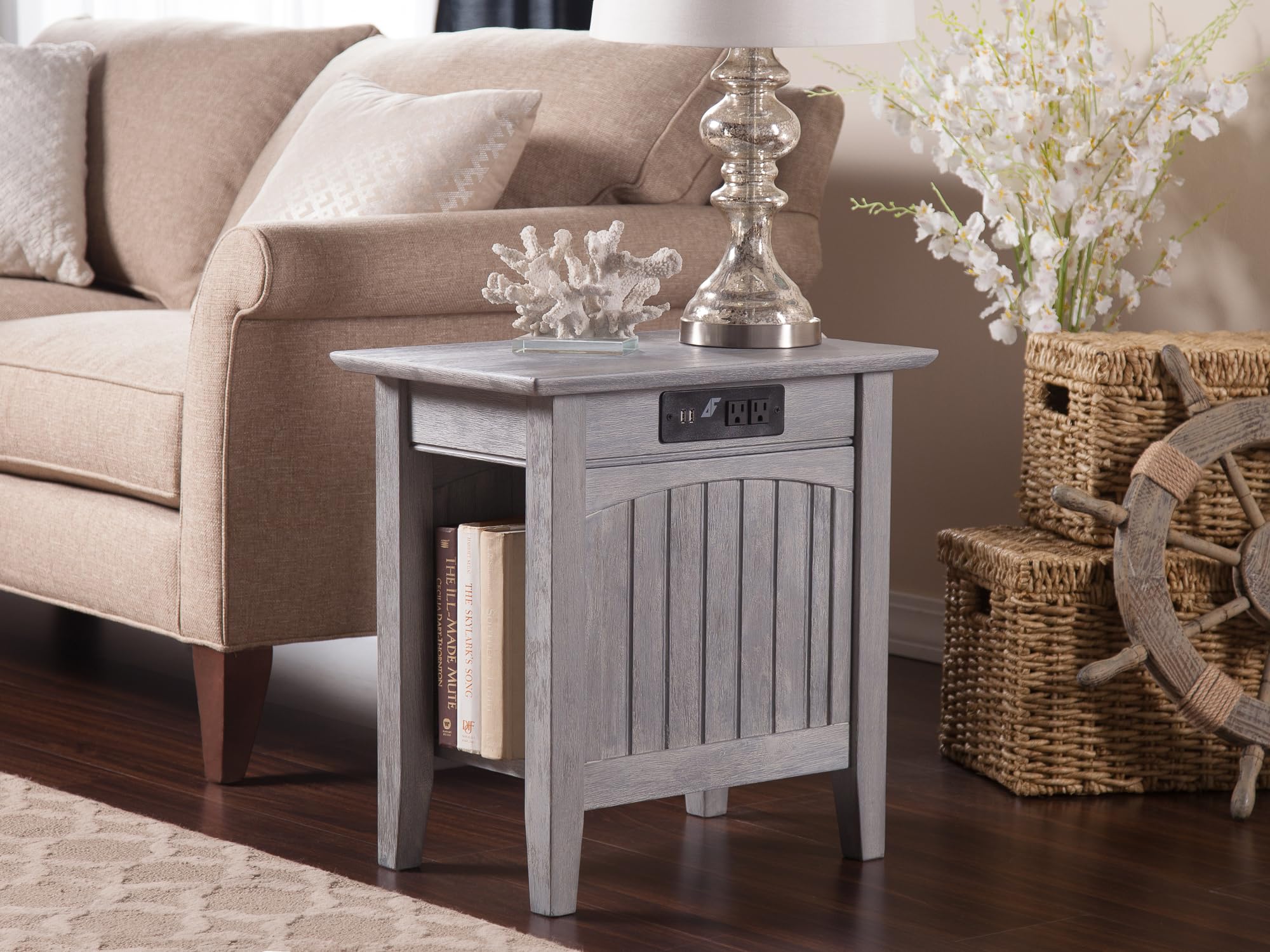 AFI Nantucket Chair Side Table with Built-in USB Charger - Driftwood Finish - Perfect for Patio, Deck, and Outdoor Living Spaces