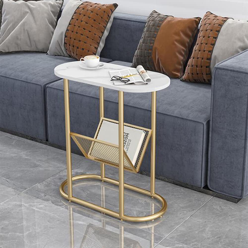 Modern 2-Tier Corner Table - Nordic Oval Bedside Table with Storage Shelf, Small Coffee Table & Side Cabinet for Living Room, Bedroom, Office - White