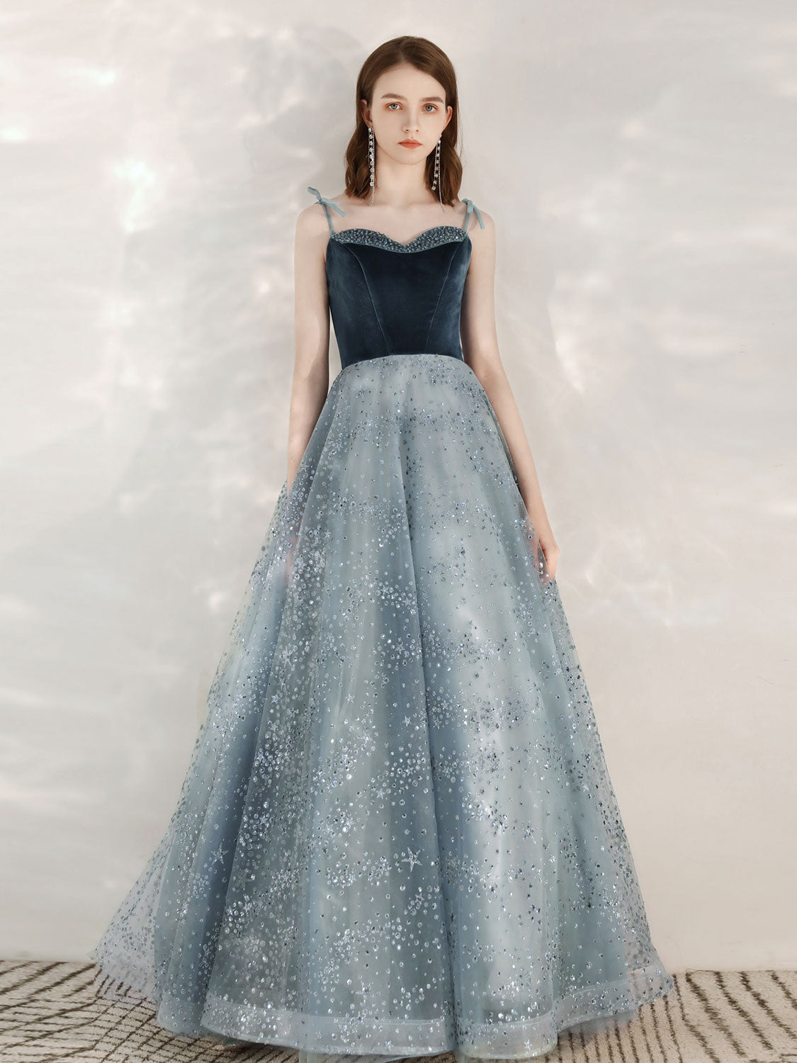 Elegant A-Line Sequin Tulle Blue Long Prom Dress with Velvet Trim - Perfect for Formal Dances, Evening Galas & Special Occasions