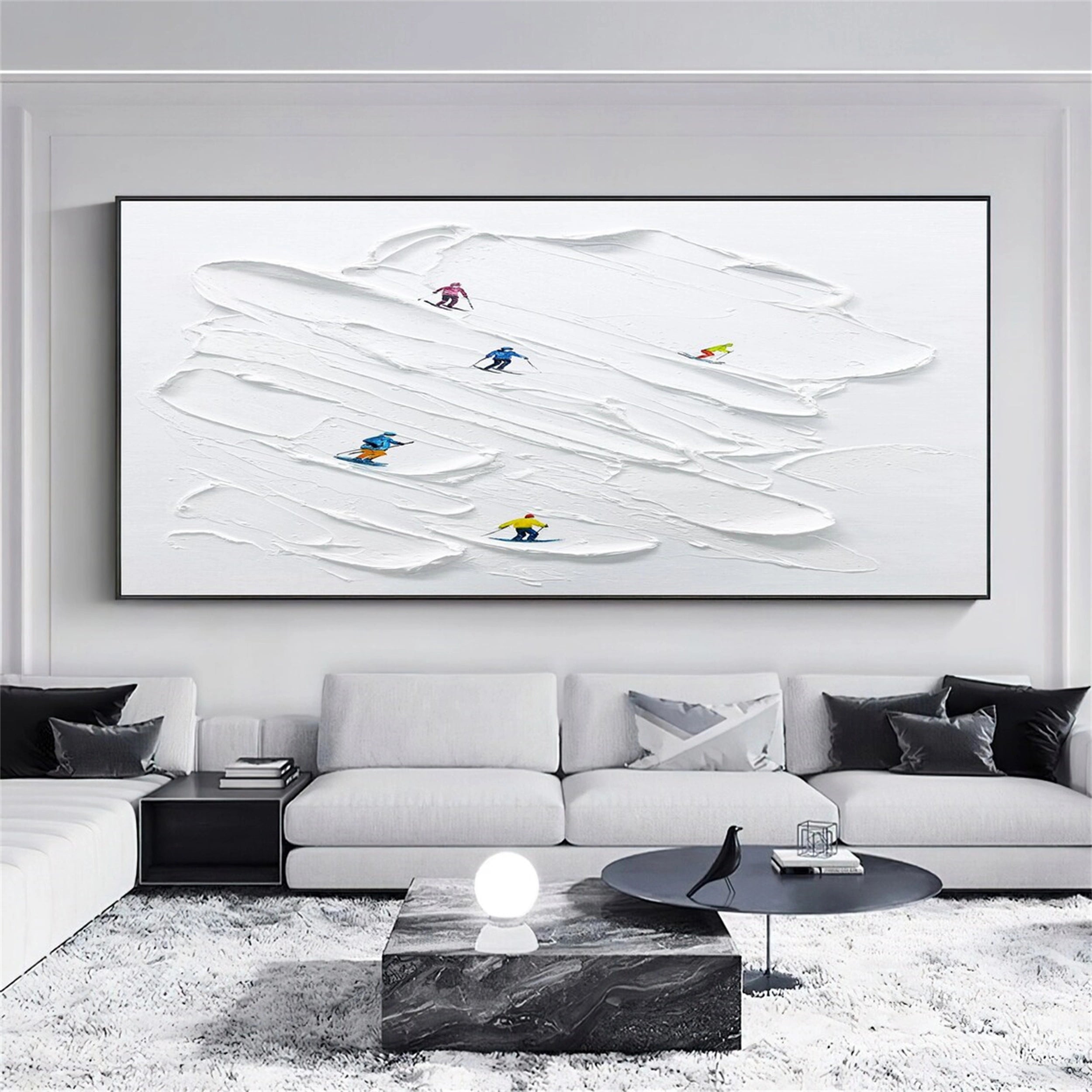 Premium Skiing Sport Art Textured Canvas Painting - Winter Sports Wall Decor for Home & Office (Style #MM126) - Perfect for Ski Lodge, Mountain Cabin & Sports Enthusiast Gifts