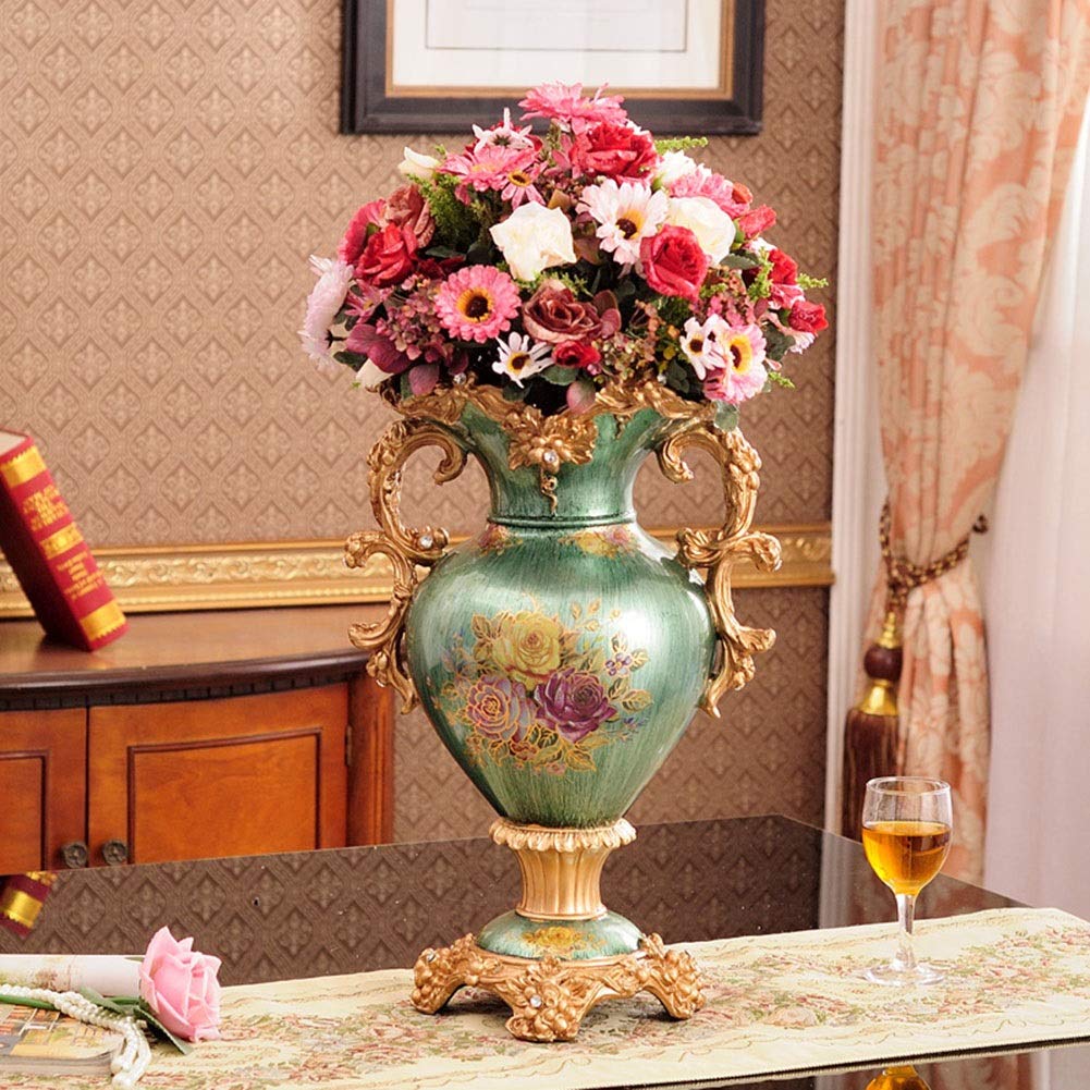 European-Style Retro Large Resin Flower Vase - Hand-Painted Tall Decorative Vase for Home & Office Decor (31cm×46cm, Green) | Perfect for Living Room Centerpiece, Dining Table, Bedroom & Hotel Decorations