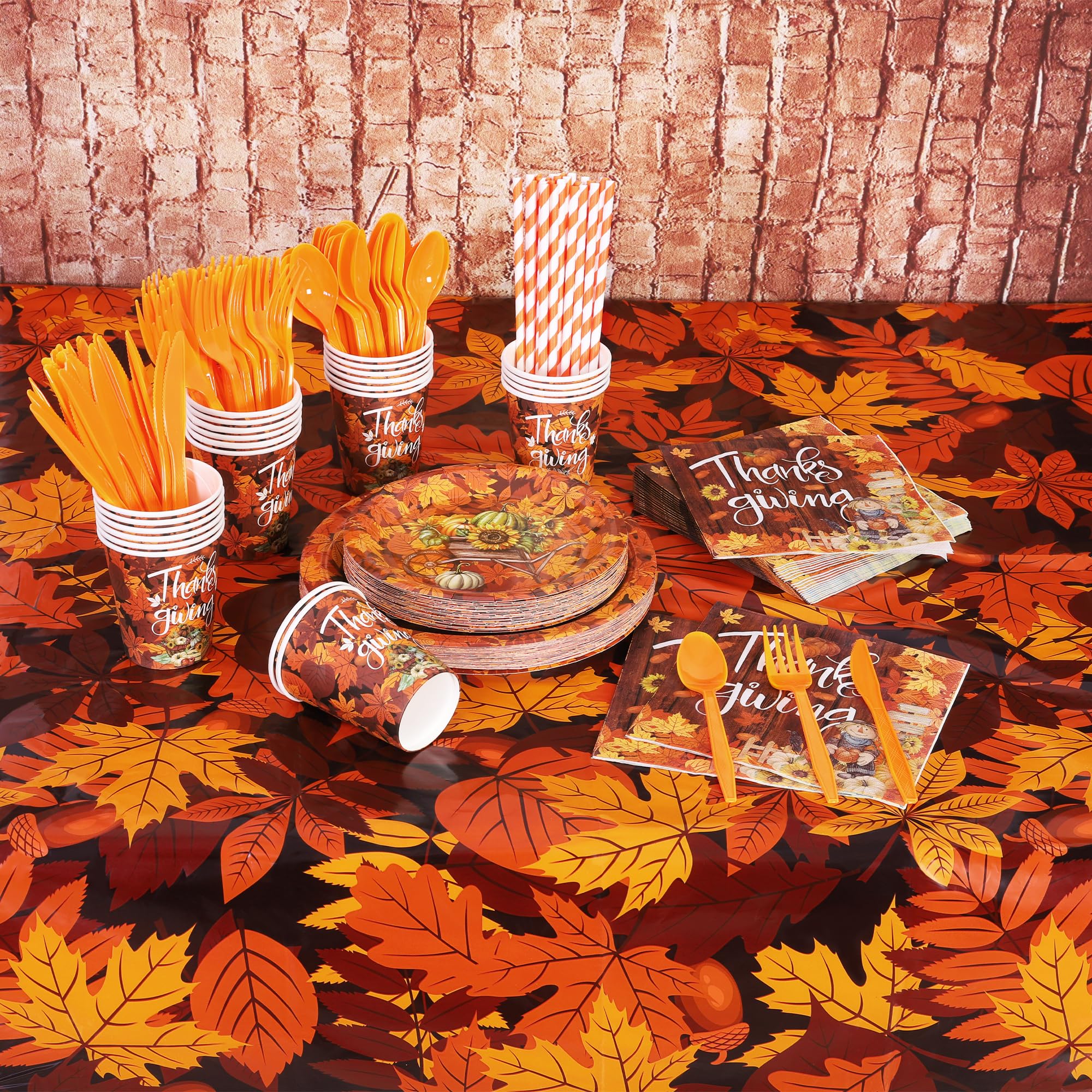 Ruisita 194-Piece Fall Party Dinnerware Set - Thanksgiving Maple Leaves Disposable Plates, Cups, Cutlery, Napkins & Tablecloth - Autumn Harvest Party Supplies for 24 Guests - Perfect for Thanksgiving, Halloween, and Seasonal Gatherings