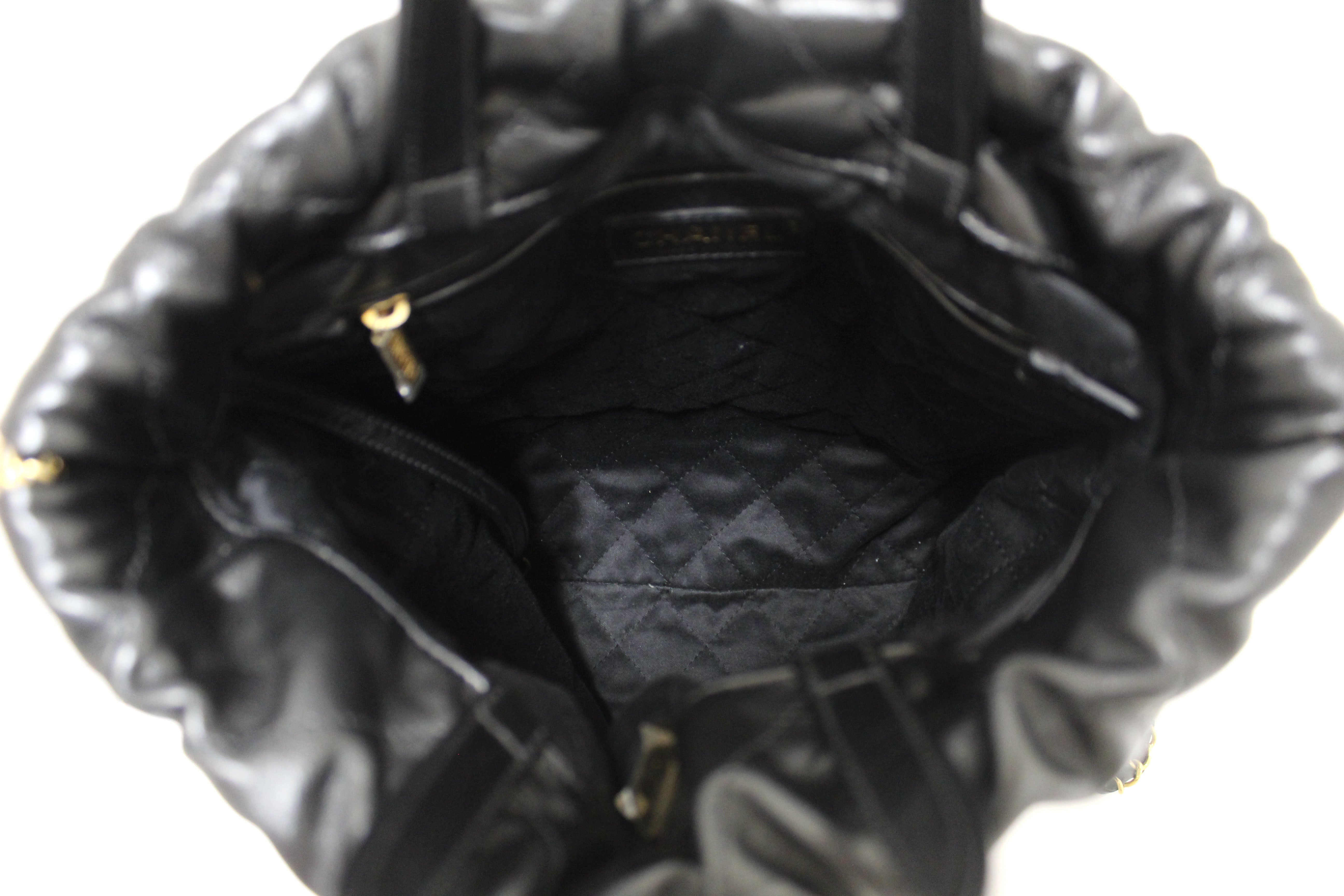 Authentic Chanel 22 Black Calfskin Leather Drawstring Chain Backpack for Women | Luxury Designer Handbag for Travel, Work & Everyday Use